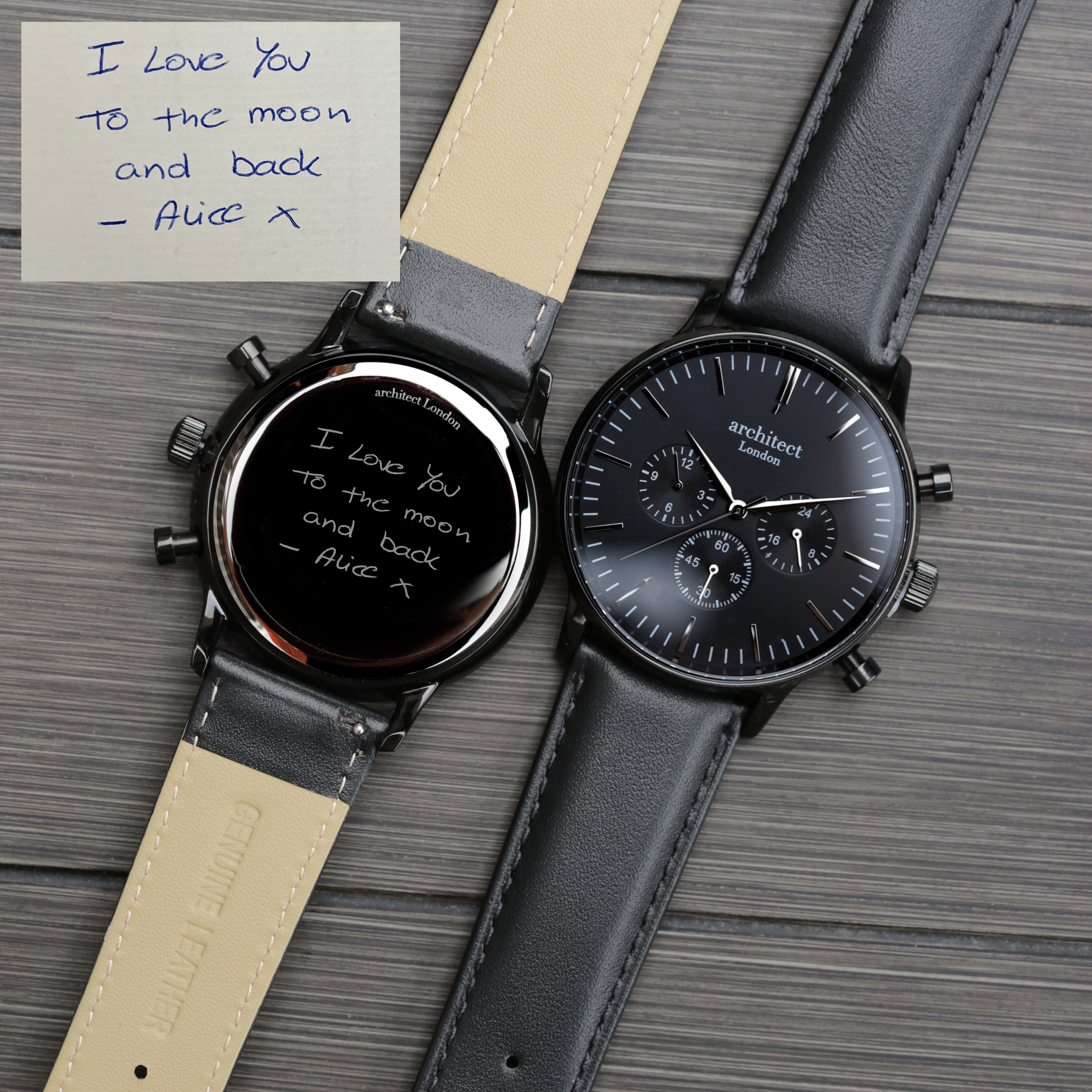 Handwriting Engraving - Men's Architect Motivator in Black with Black Leather Strap