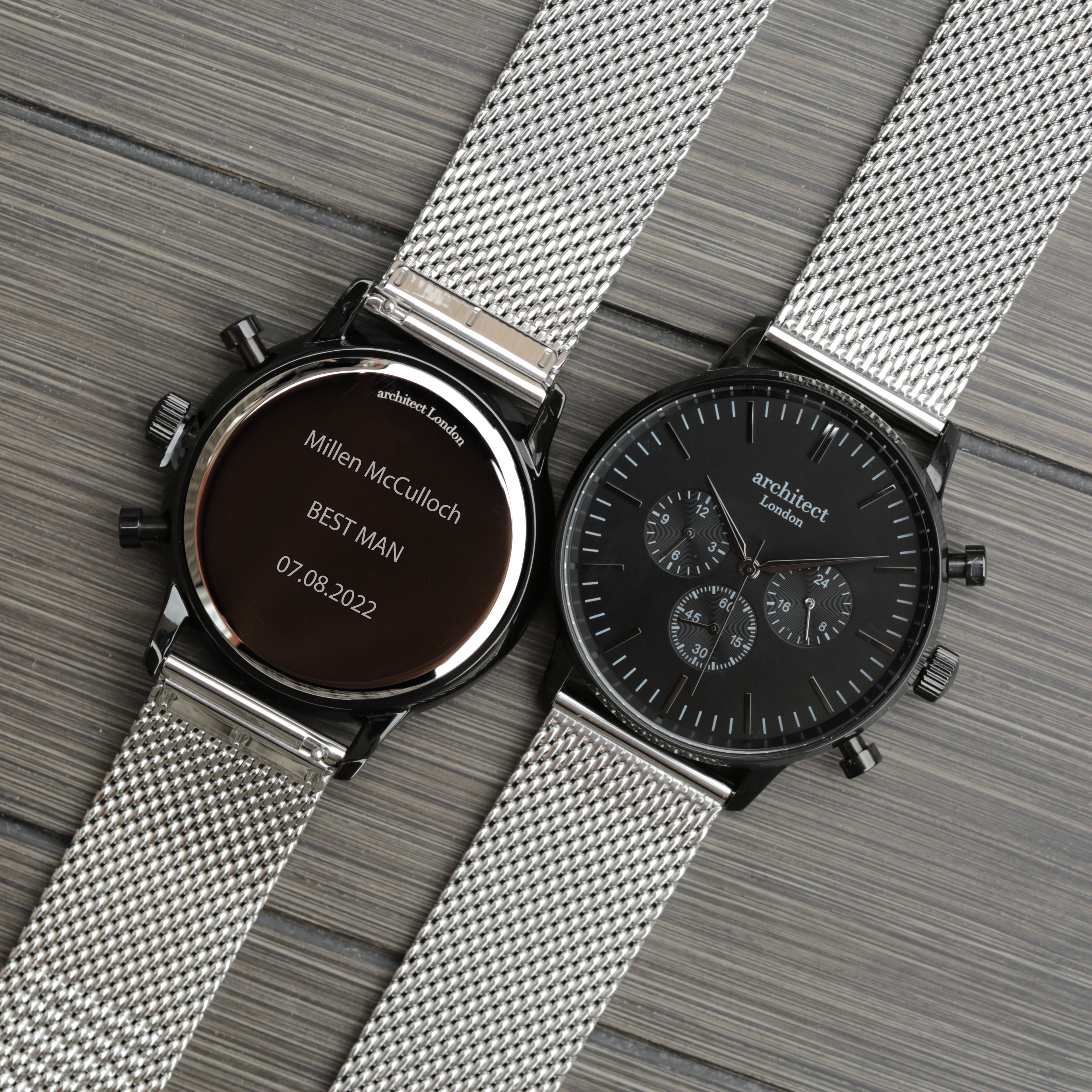 Modern font engraving on back of stainless steel men’s watch