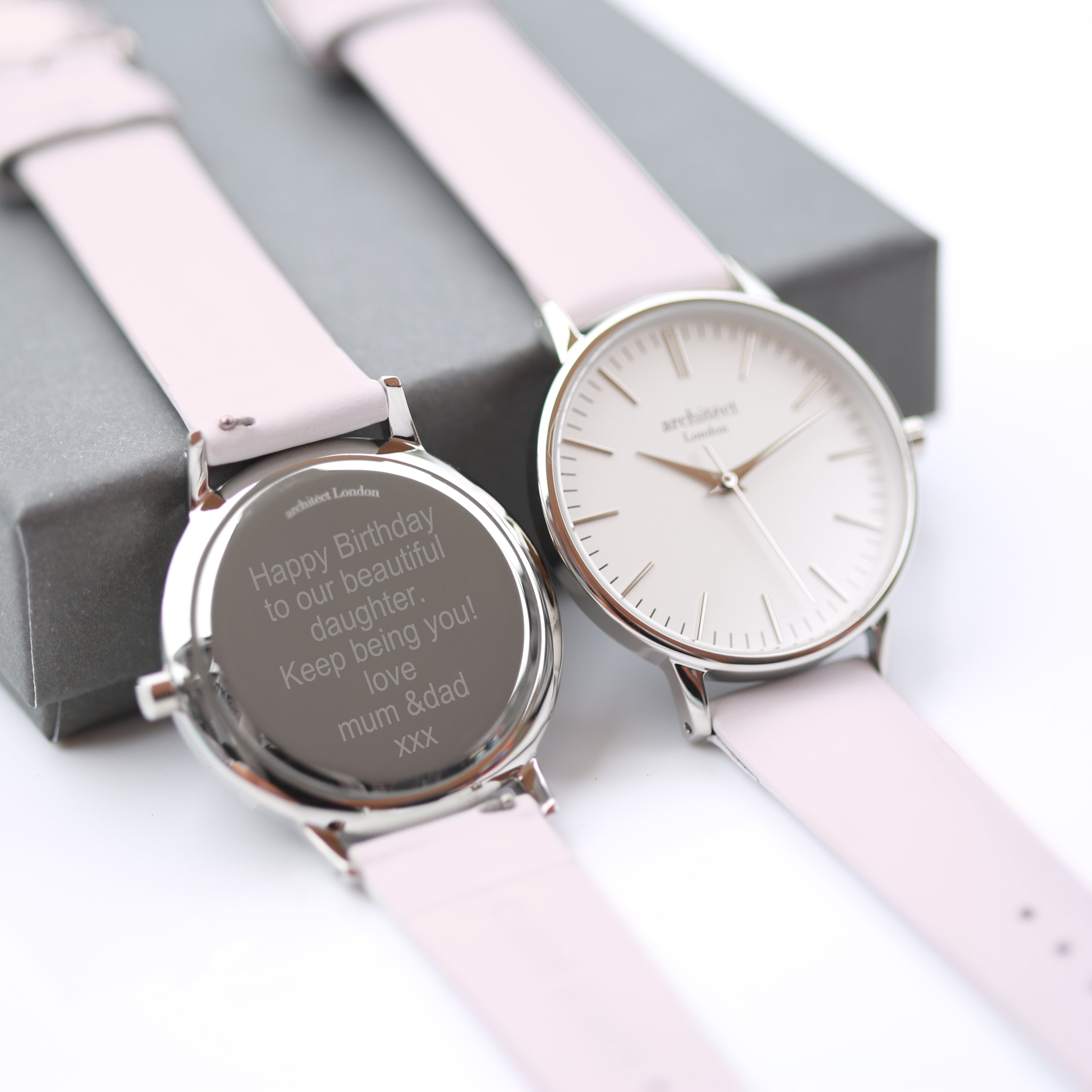 ladies personalised watch with engraved message on the back case