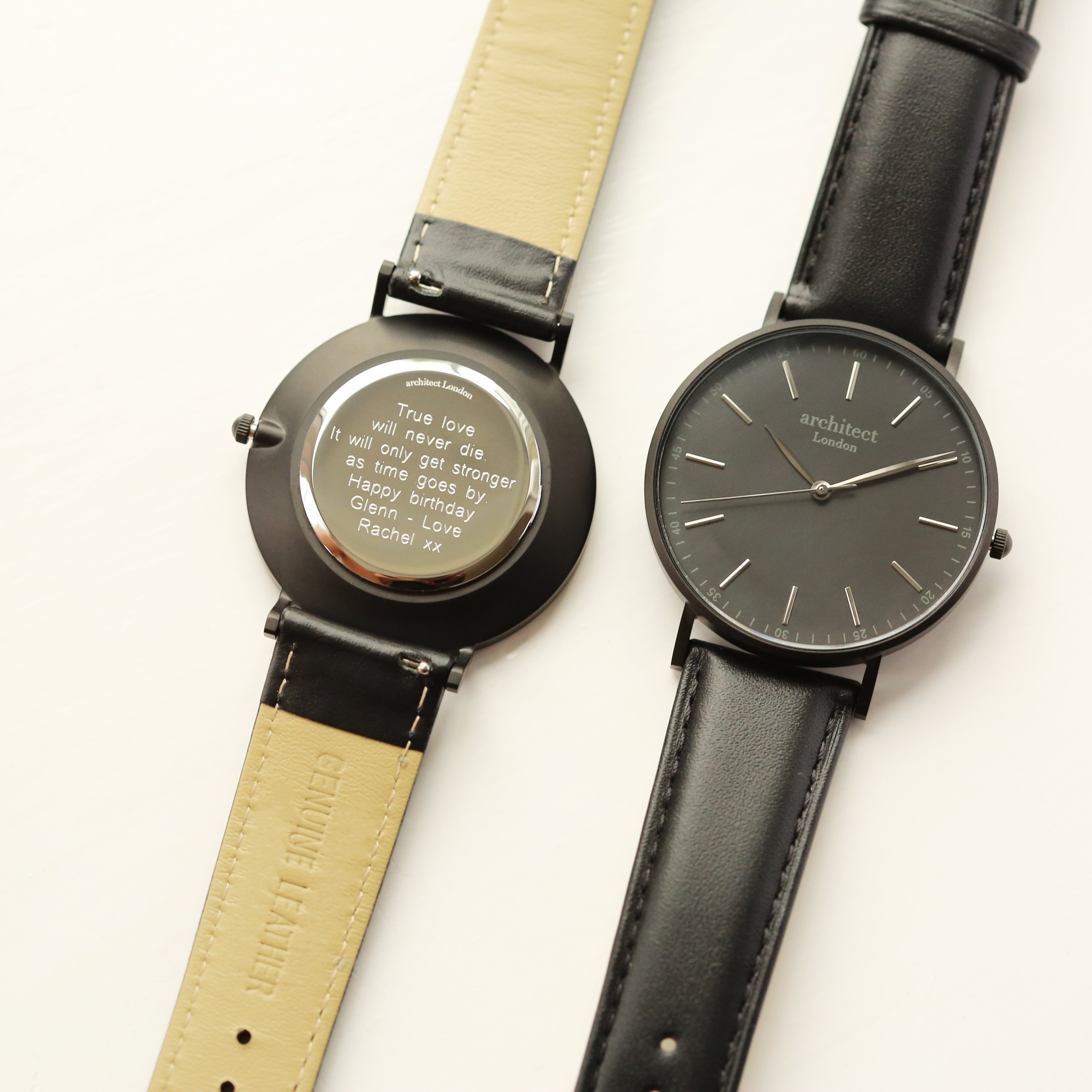 Black minimalist watch with personalised engraving - architect London watch