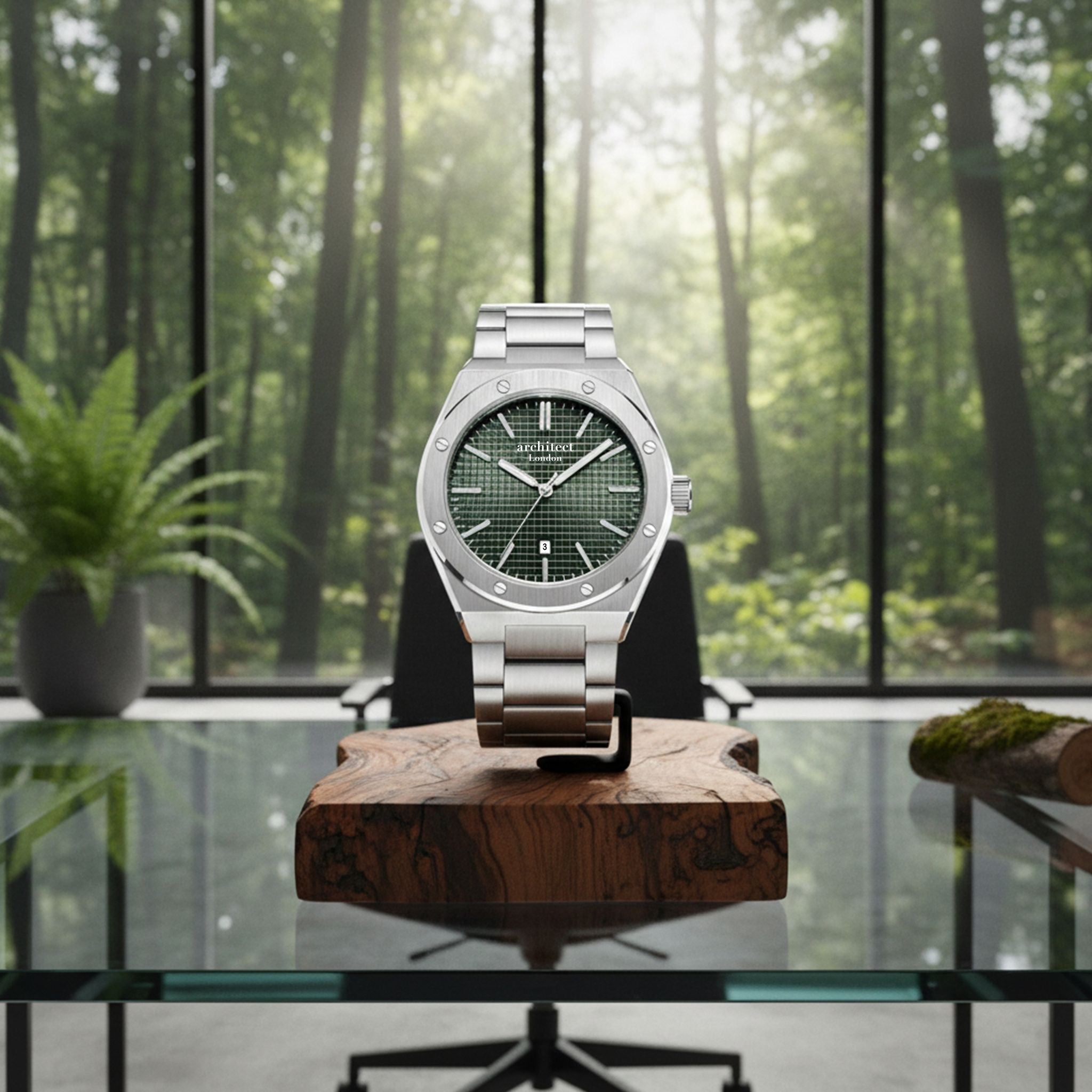 Silver watch with deep green face personalised at the back