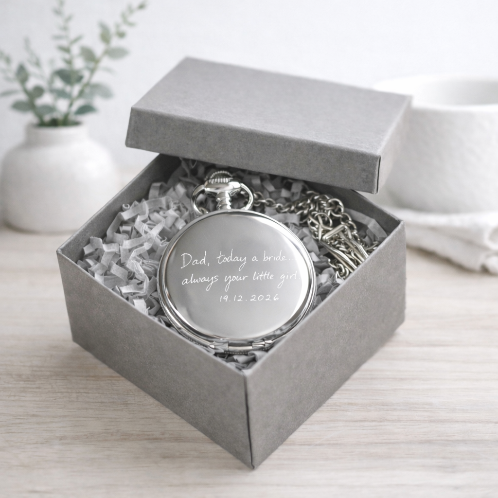 engraved pocket watch in gift box