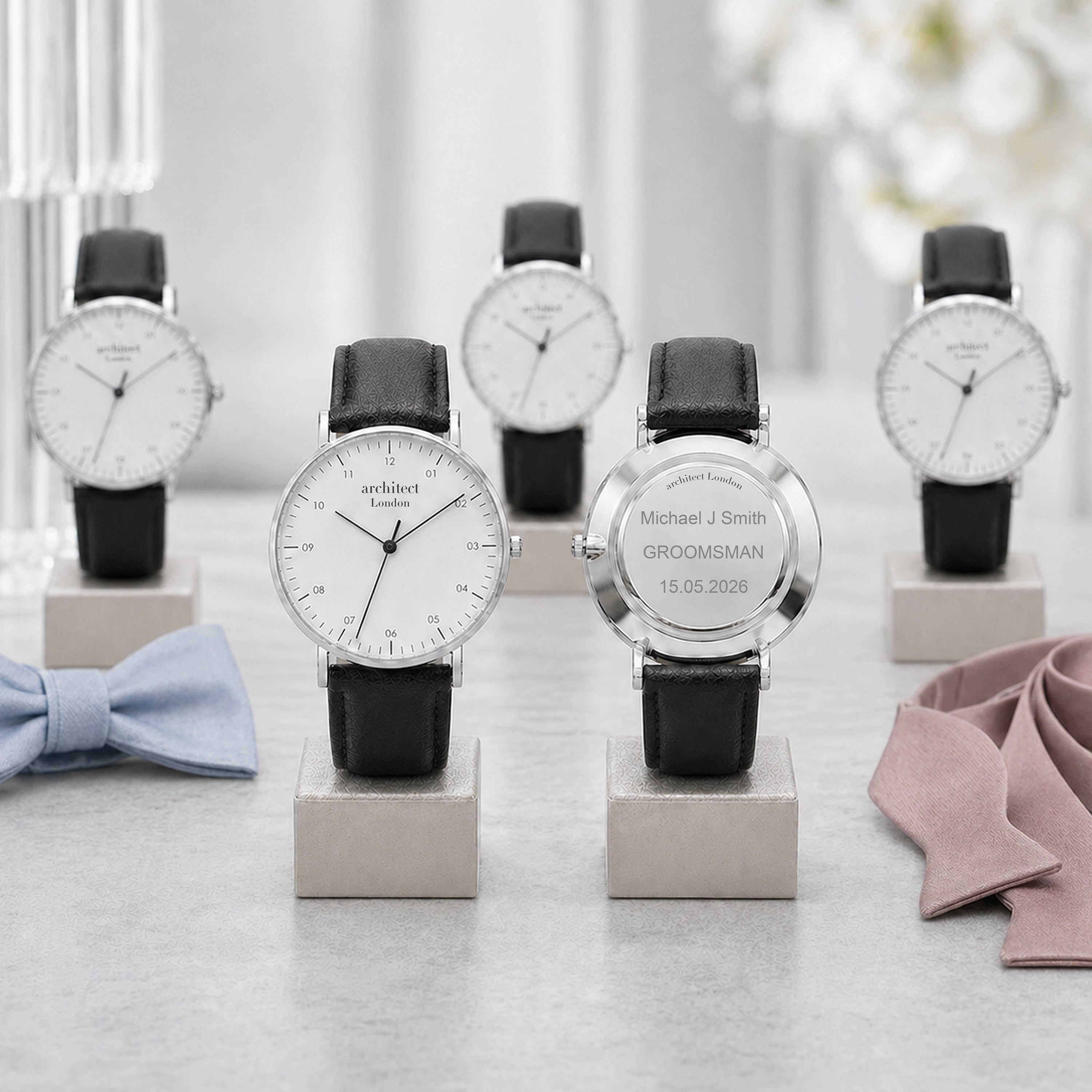 Personalised groomsman watch gift with engraved caseback for modern wedding party