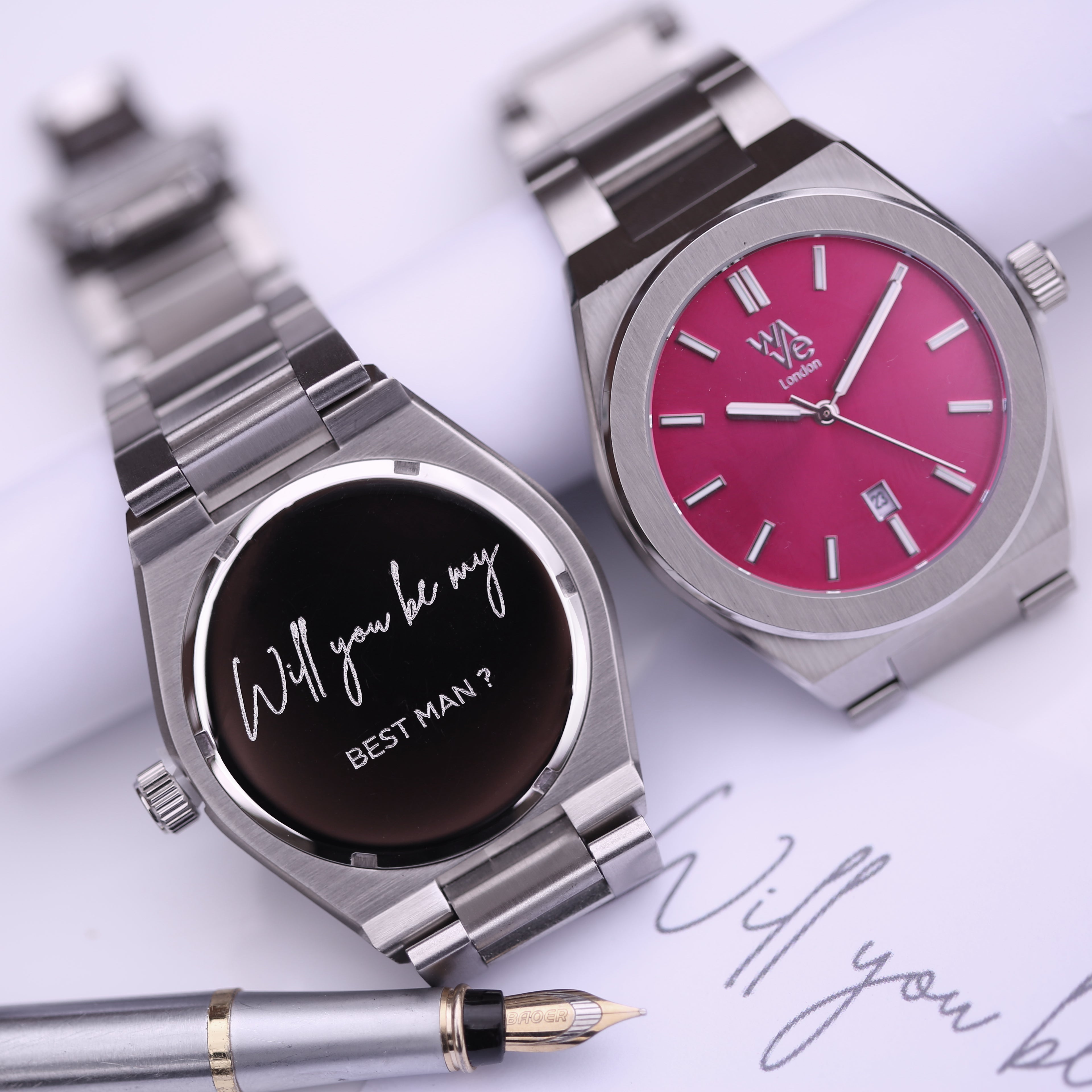Mens pink watch personalised at the back