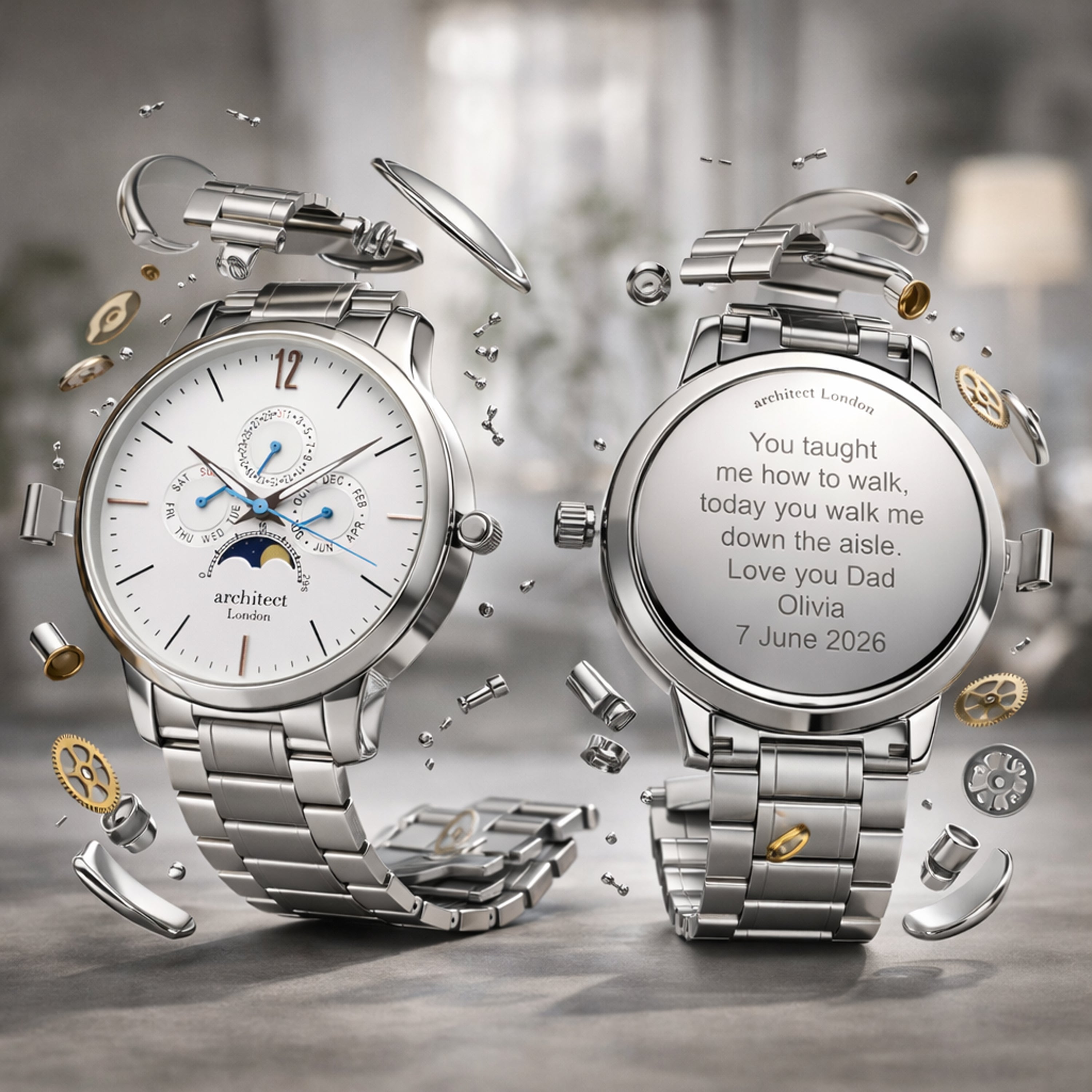 futuristic personalised watches, silver bracelet white face