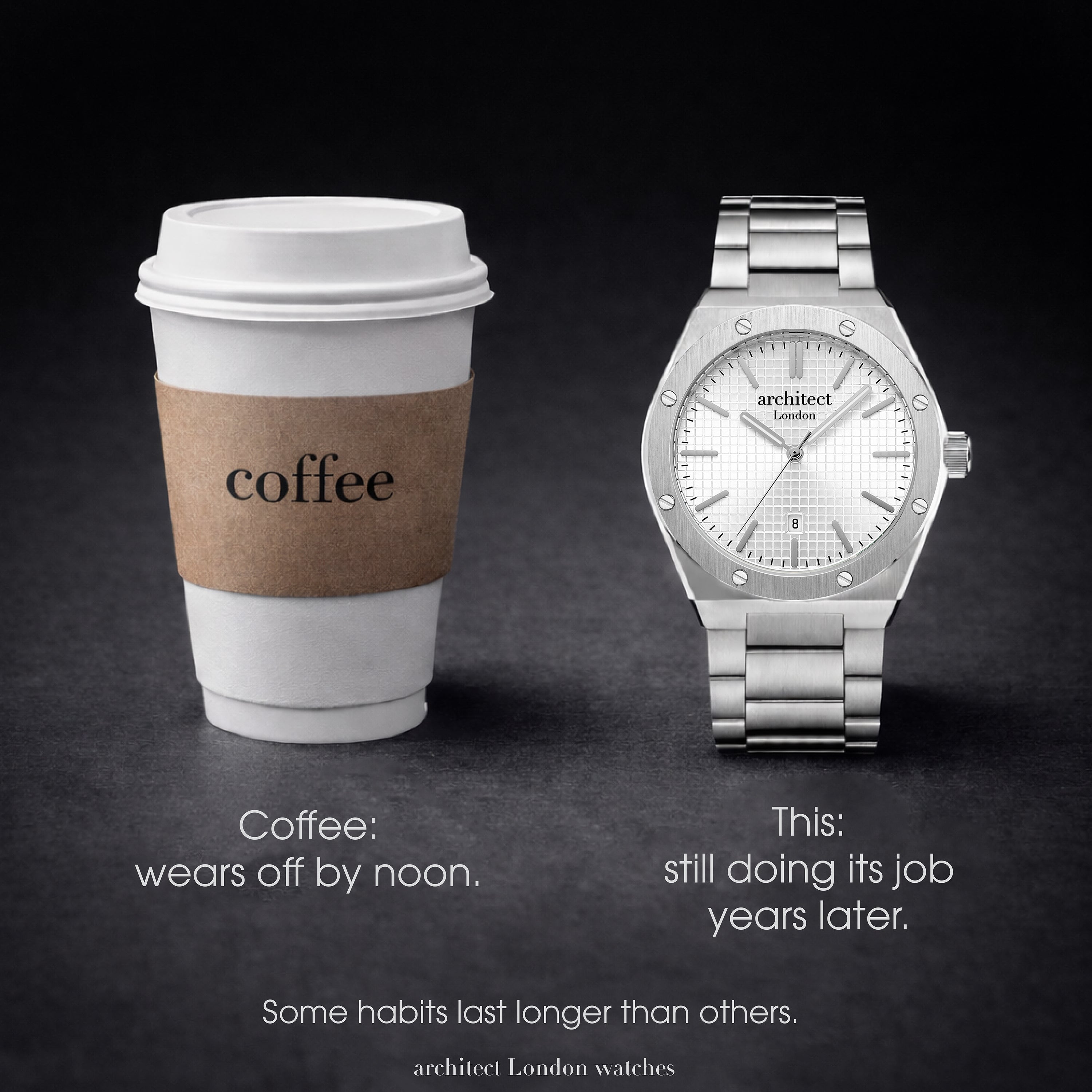 Timeless men’s watch shown next to a coffee cup, symbolising a watch that lasts years compared to habits that wear off