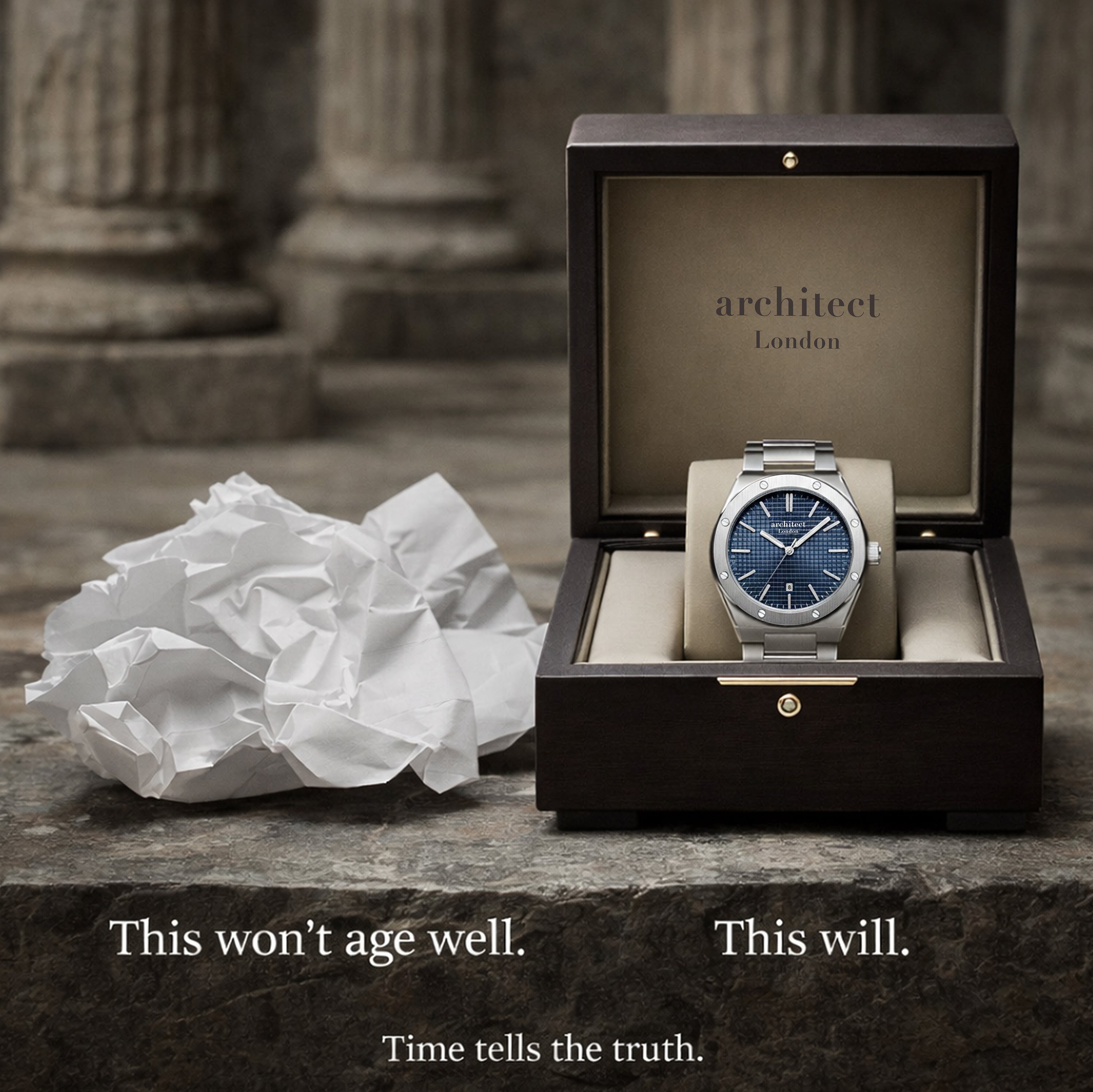 Timeless personalised watch in Architect London presentation box beside crumpled paper, symbolising a gift that ages well over time