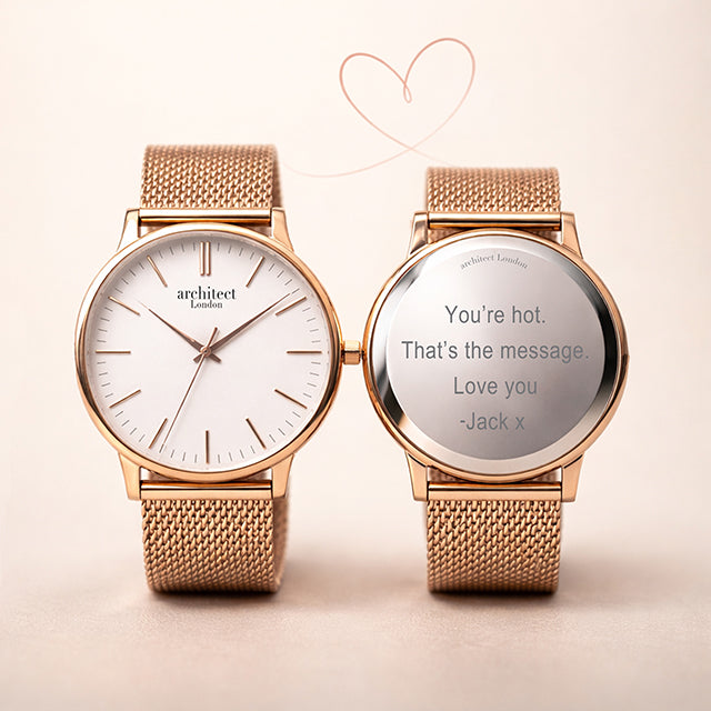 Two rose gold ladies watches one showing engraving at the back