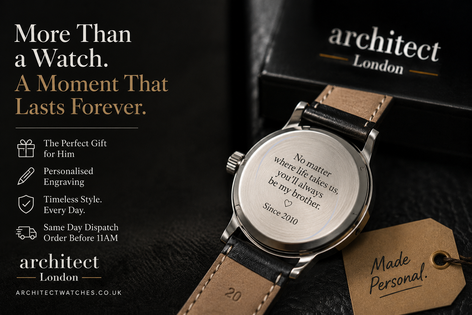 personalised watch gift for him engraved watch back case Architect London