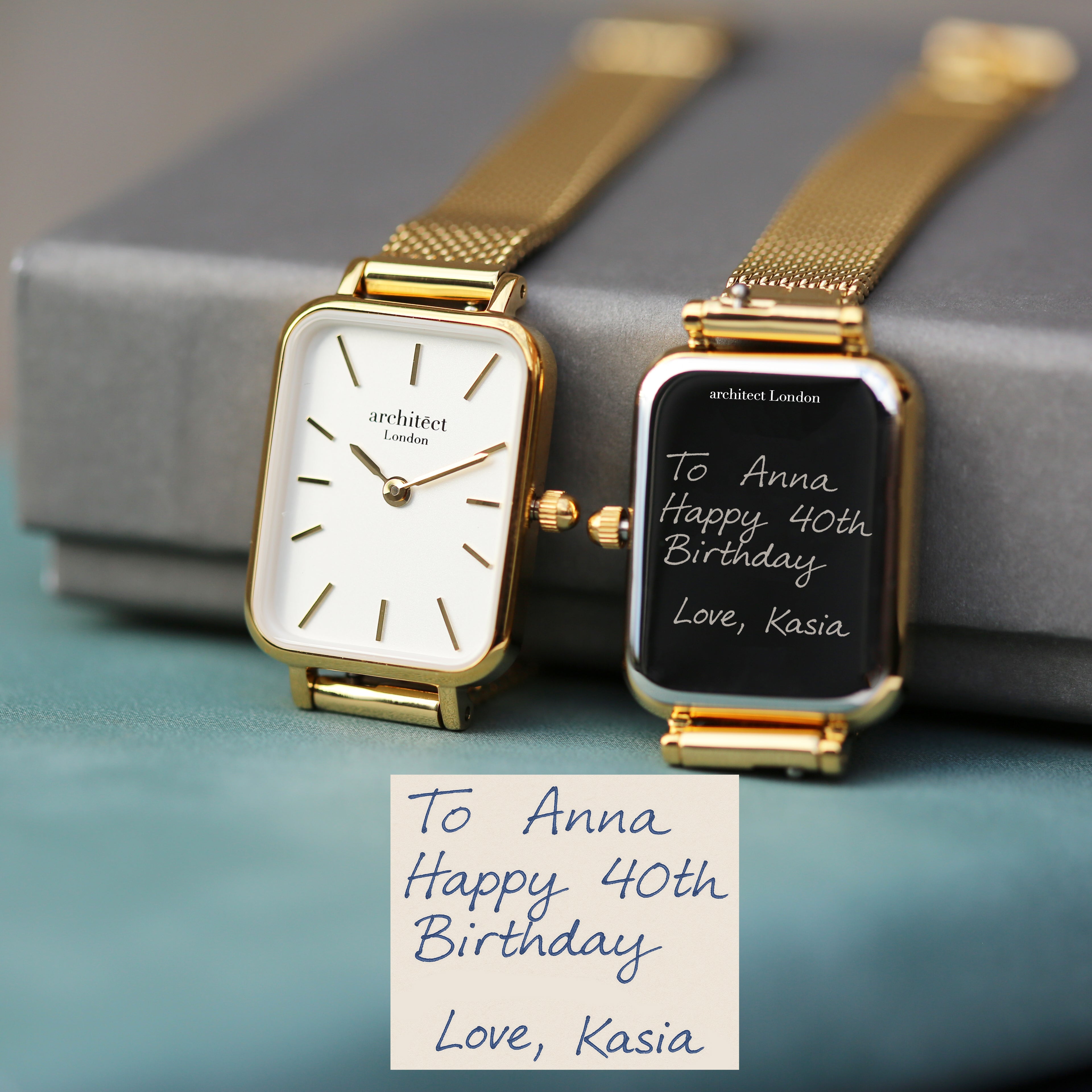 ladies personalised gold watch with engraved message on the back