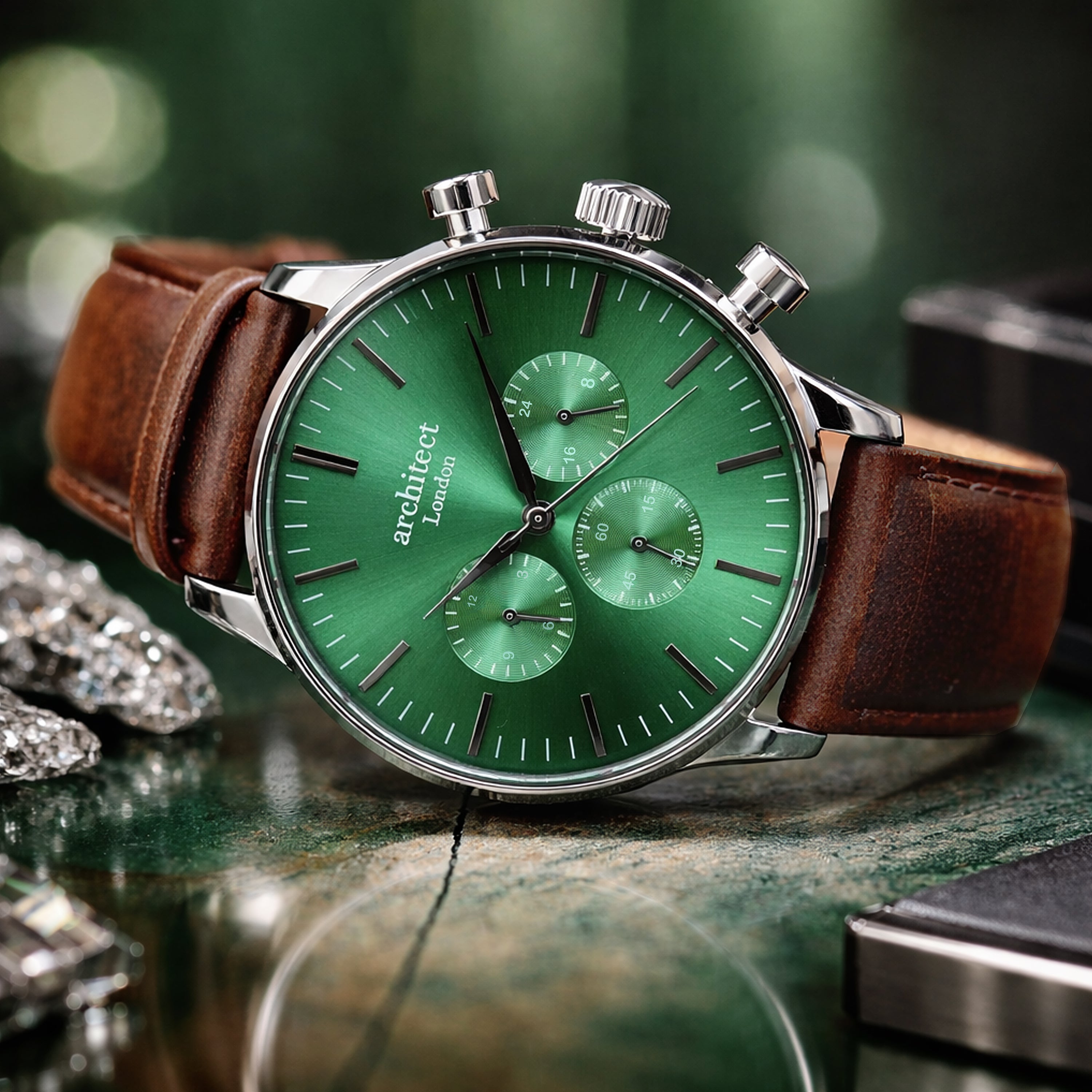 Green chronograph watch with brown leather strap engraved on the back