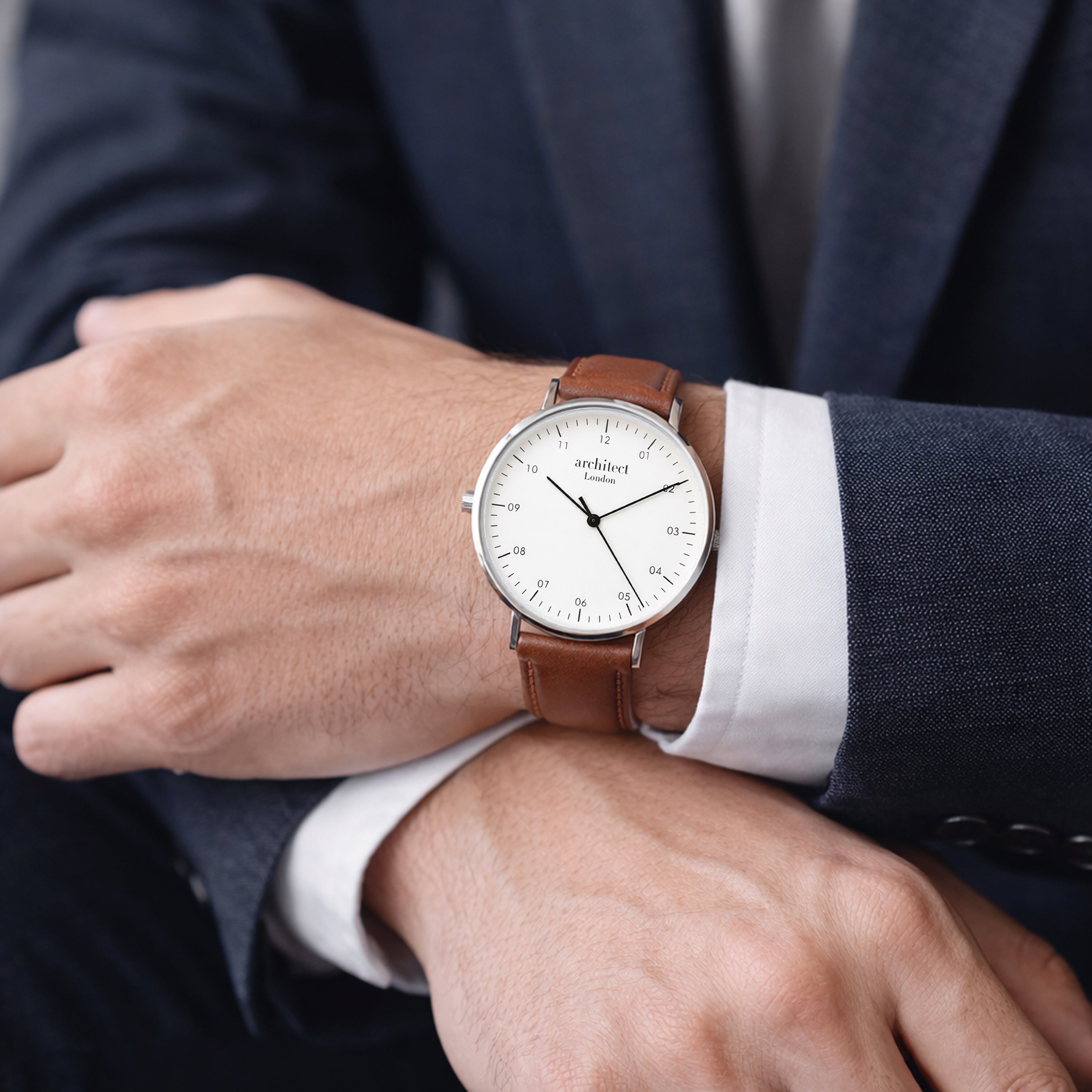 Engraved wedding watch, white face watch with brown leather strap