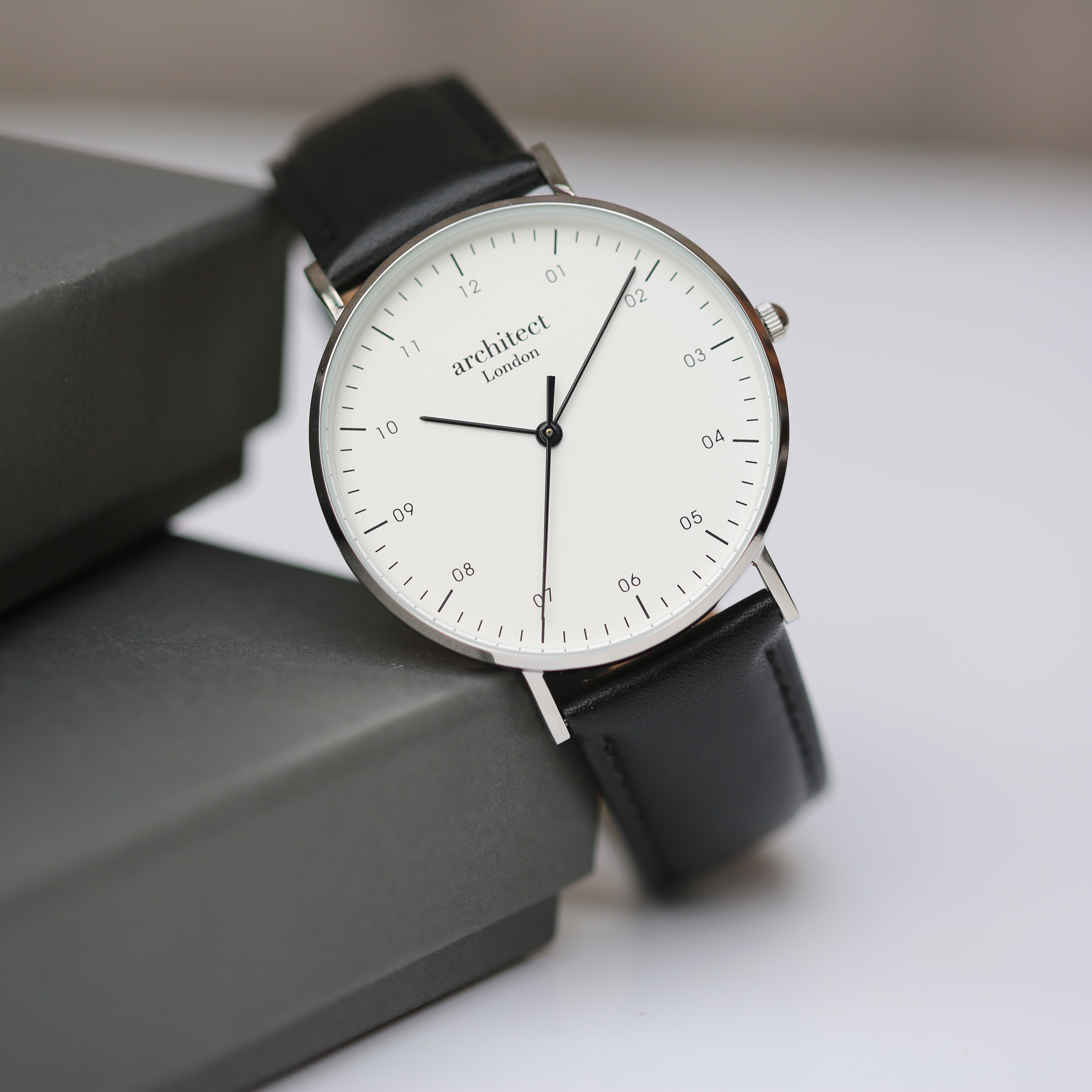 Personalised men’s watch with black leather strap  close up