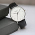 Personalised men’s watch with black leather strap  close up