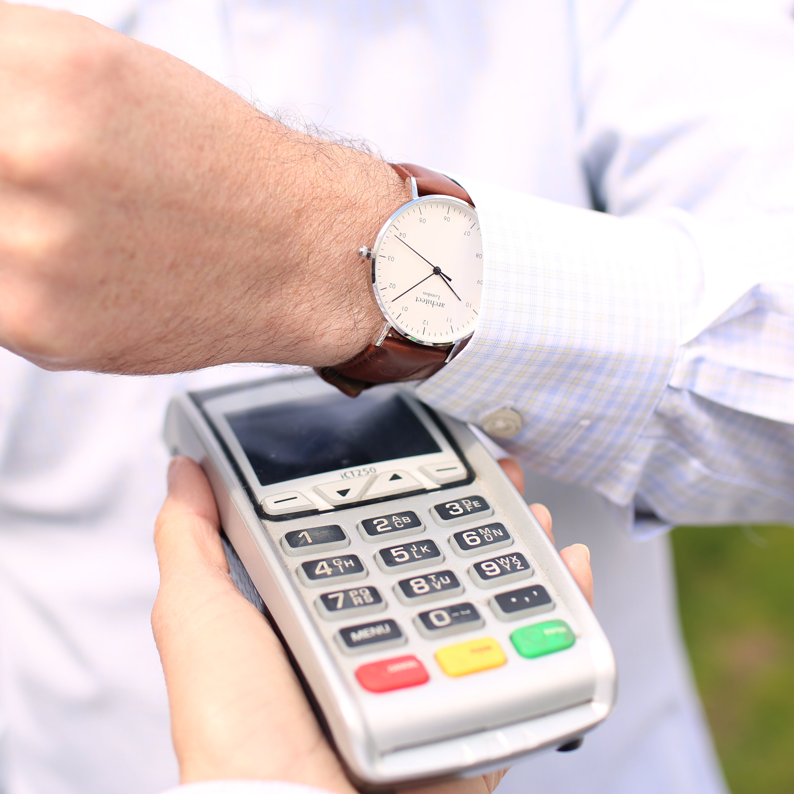 Contactless Payment Watch - Men's Architect Zephyr + Walnut Strap + Own Handwriting Engraving