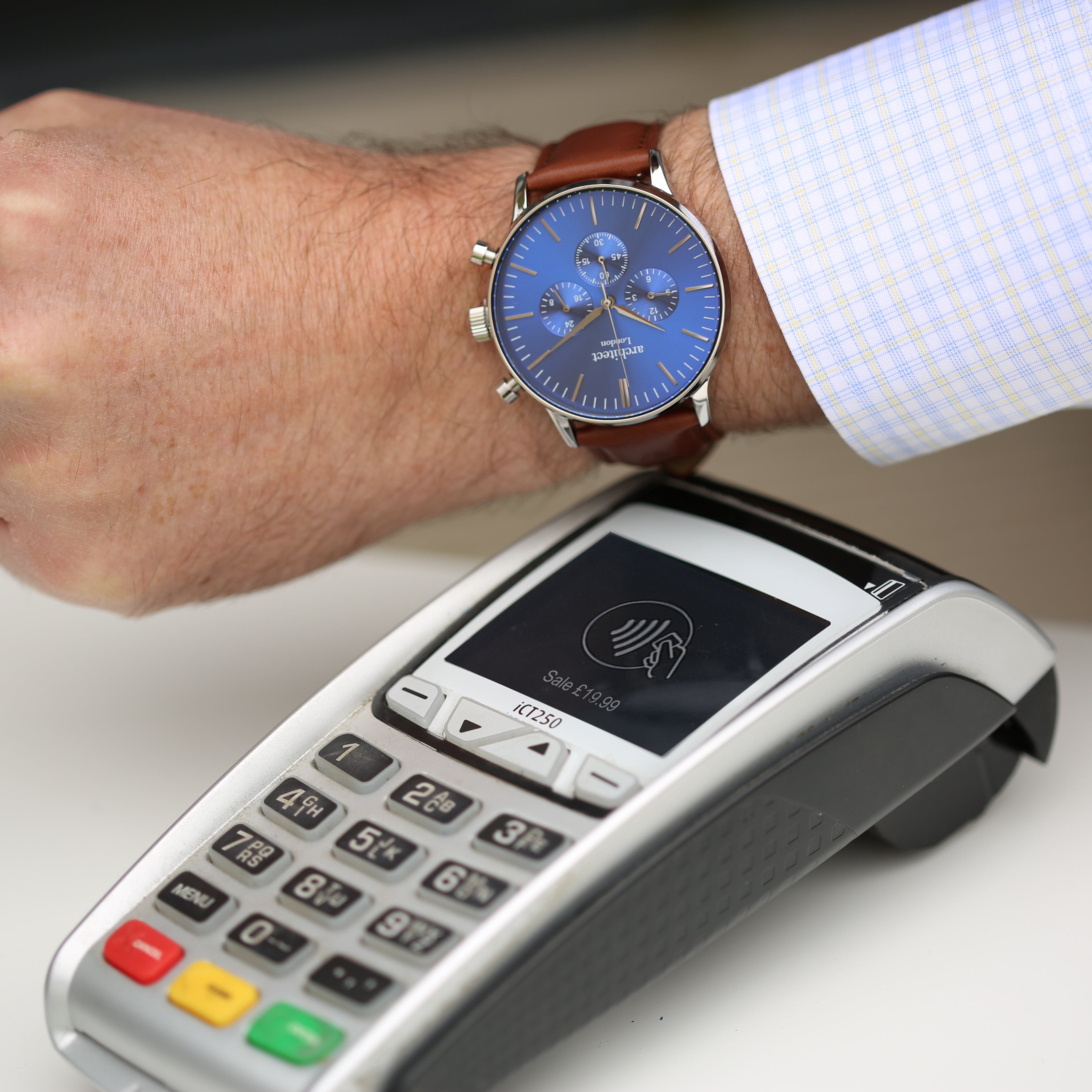 Contactless Payment Watch - Men's Blue Motivator + Walnut Strap + Modern Font Engraving