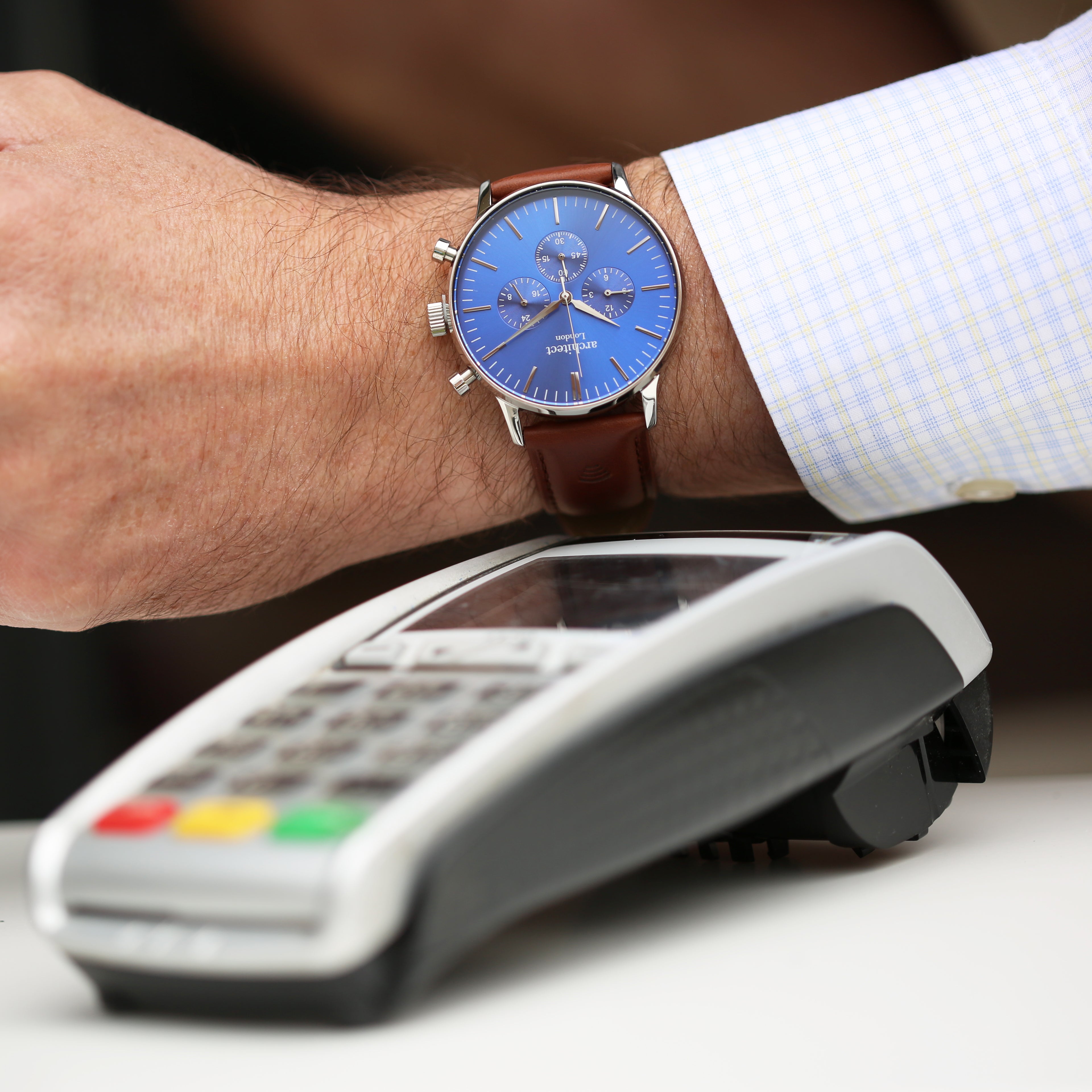 Contactless Payment Watch - Men's Blue Motivator + Walnut Strap + Own Handwriting Engraving