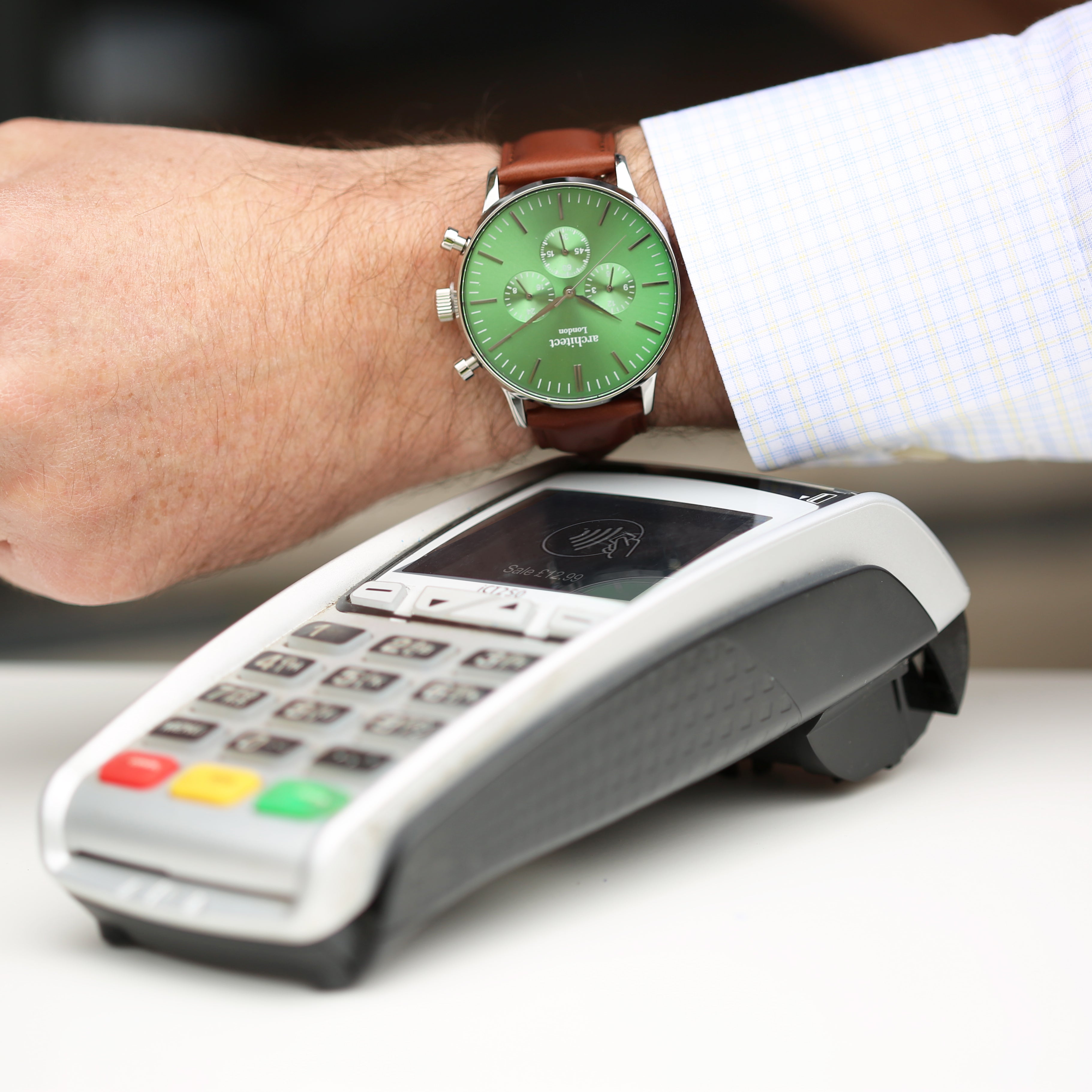 Contactless Payment Watch - Men's Envy Green Motivator + Walnut Strap + Modern Font Engraving