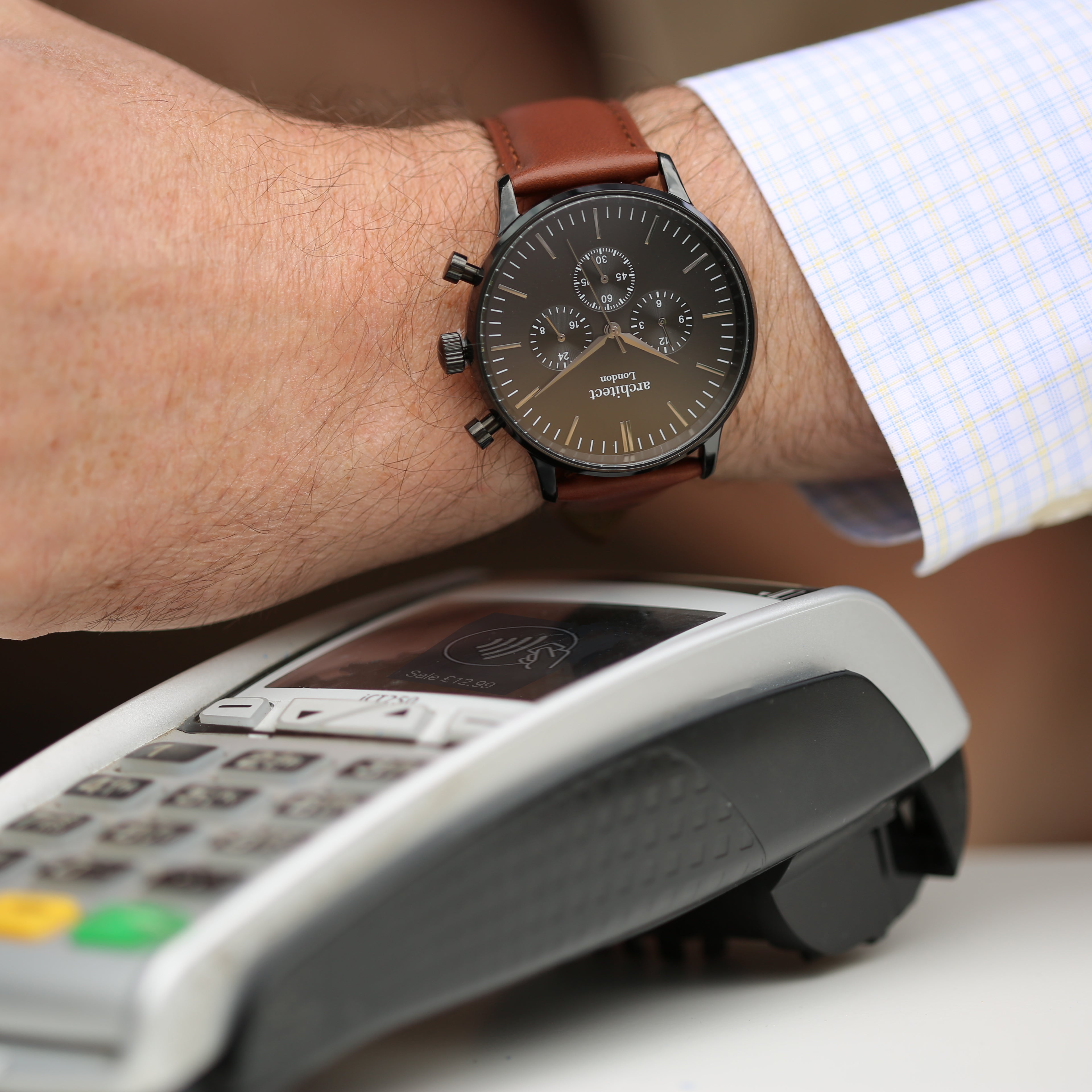 Contactless Payment Watch - Men's Motivator + Walnut Strap + Modern Font Engraving