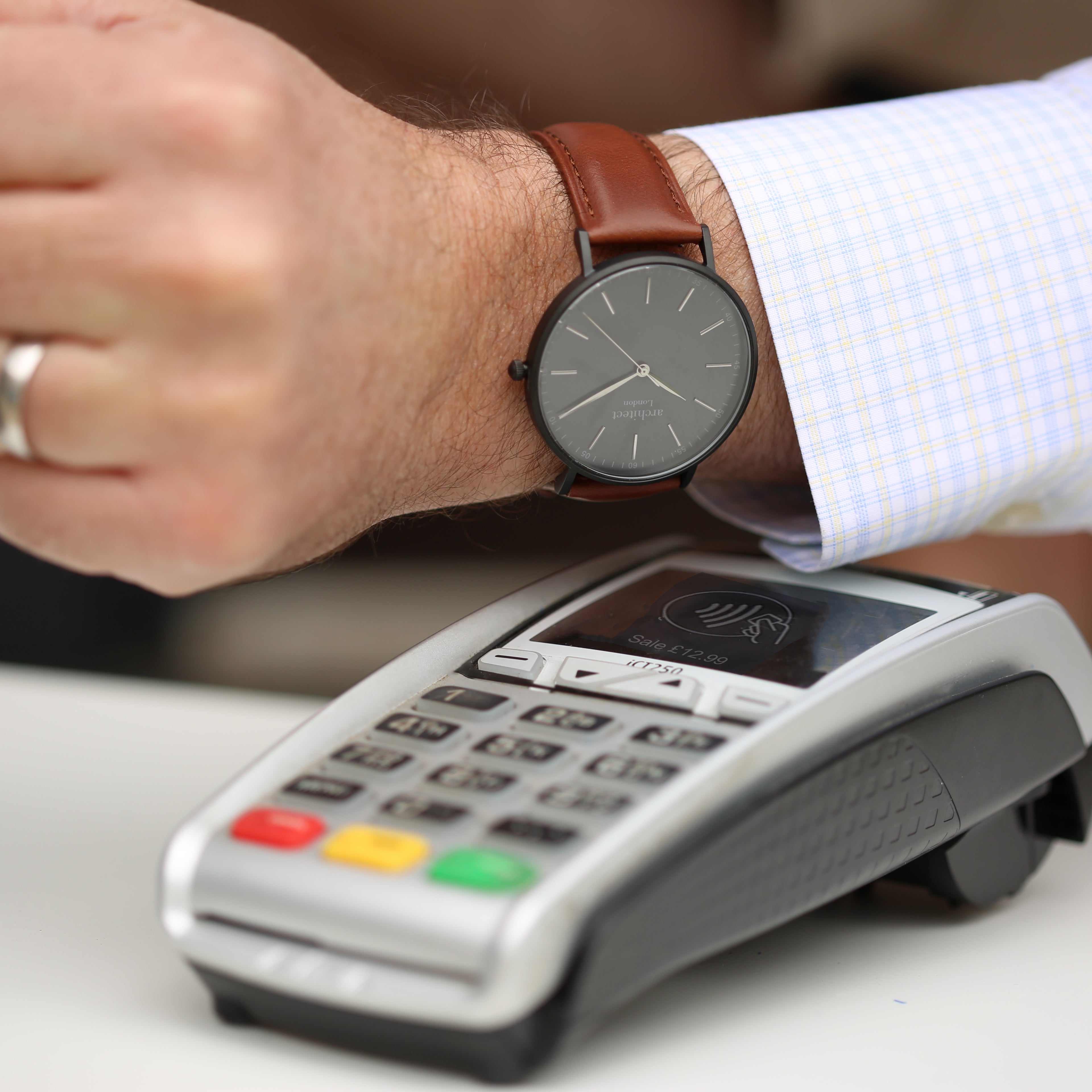 Contactless Payment Watch - Men's Architect Minimalist + Walnut Strap + Own Handwriting Engraving