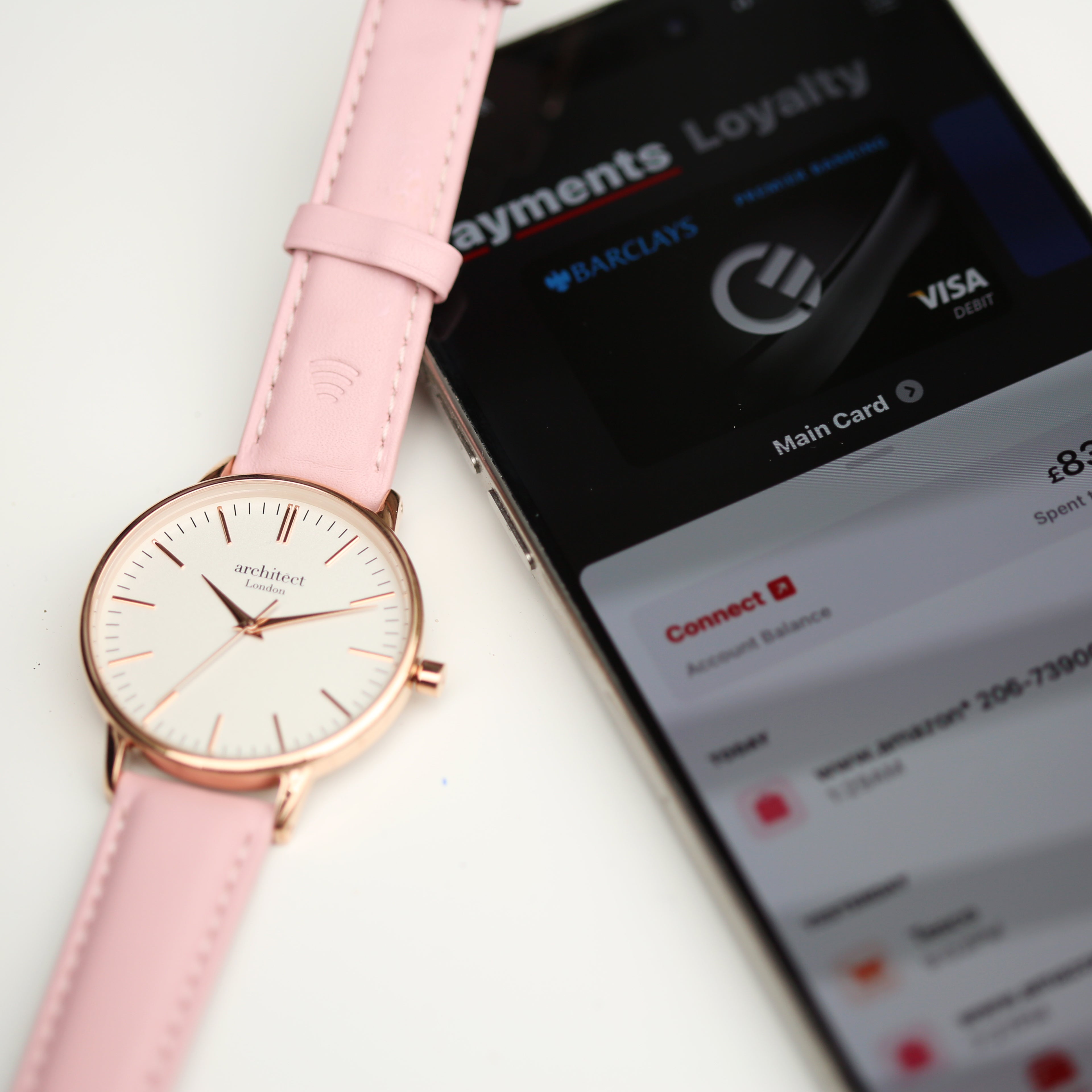 Contactless Payment Watch - Ladies Architēct Blanc + Light Pink Strap + Modern Font Engraving