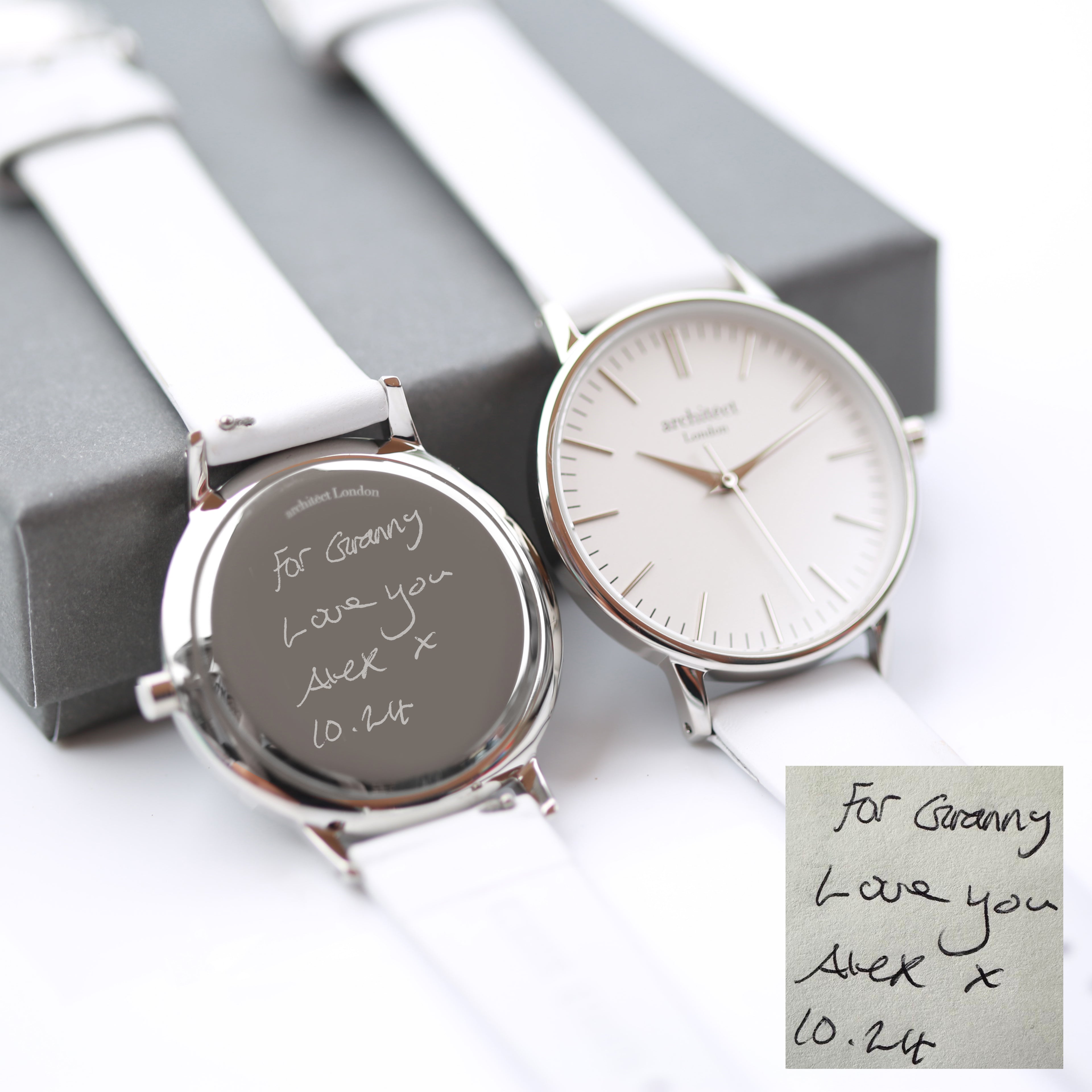 Ladies Architēct Blanc Silver Bezel - Handwriting Engraving + White Strap