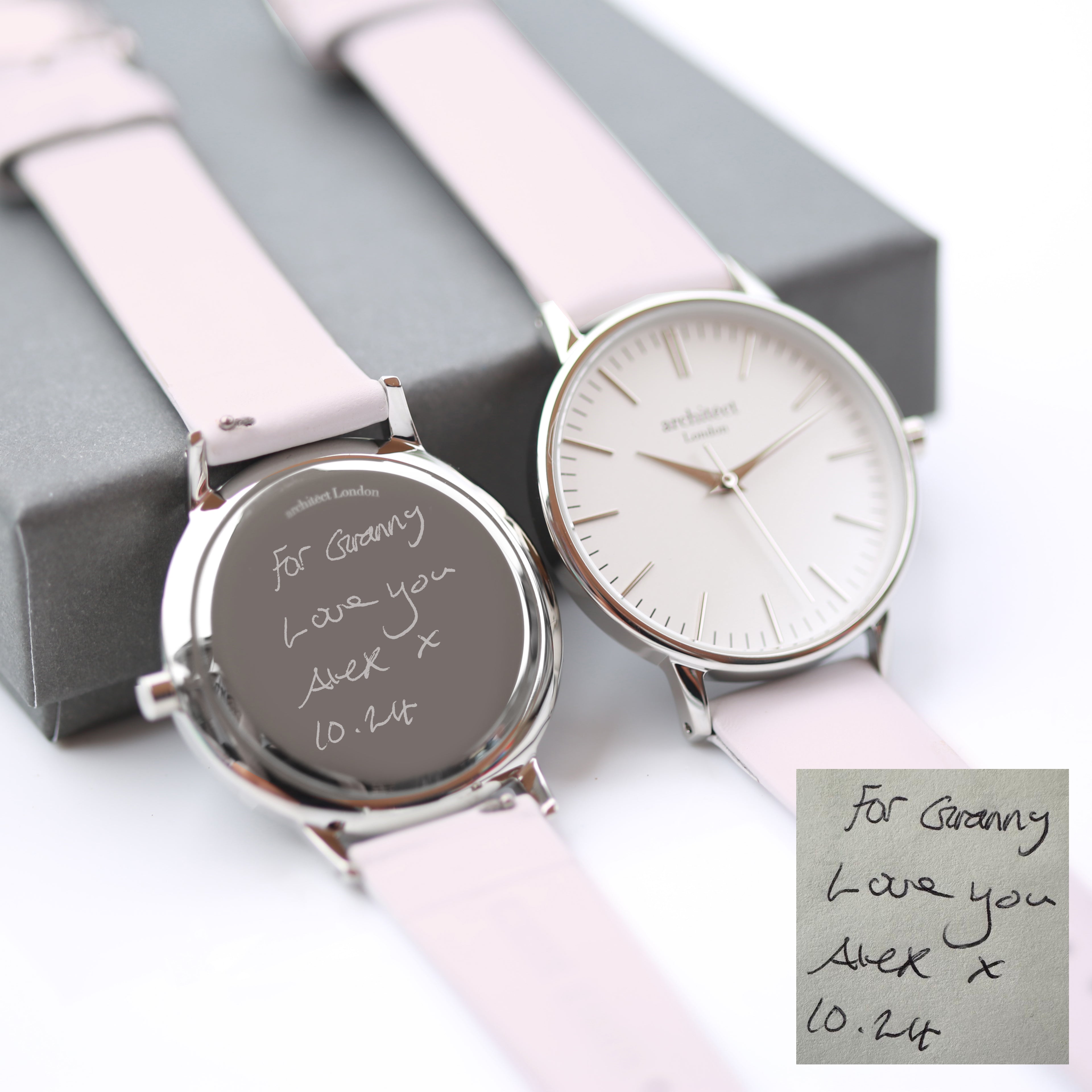 Ladies Architēct Blanc Silver Mesh - Handwriting Engraving + Light Pink Strap