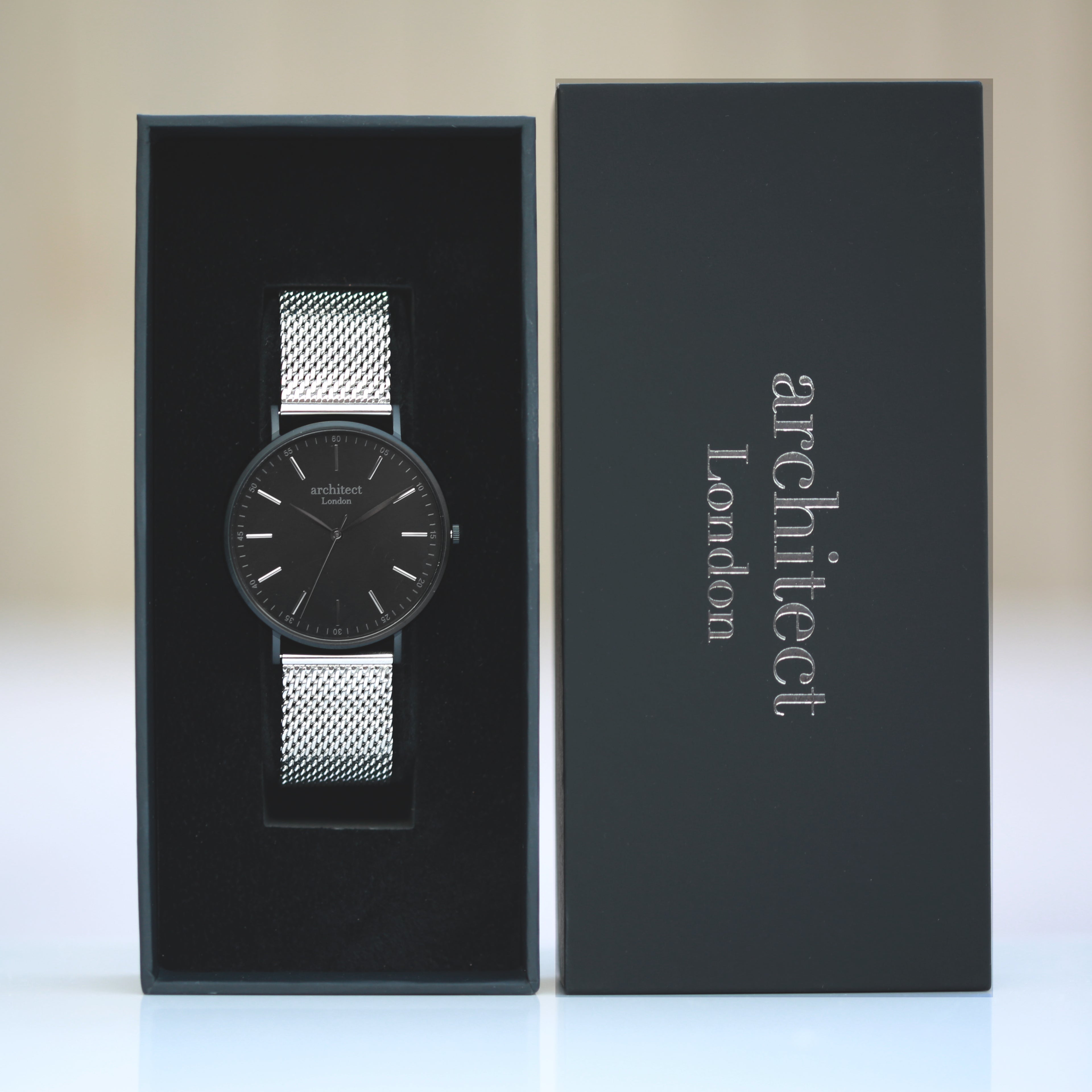 Modern Font Engraving - Men's Minimalist Watch + Steel Silver Mesh Strap