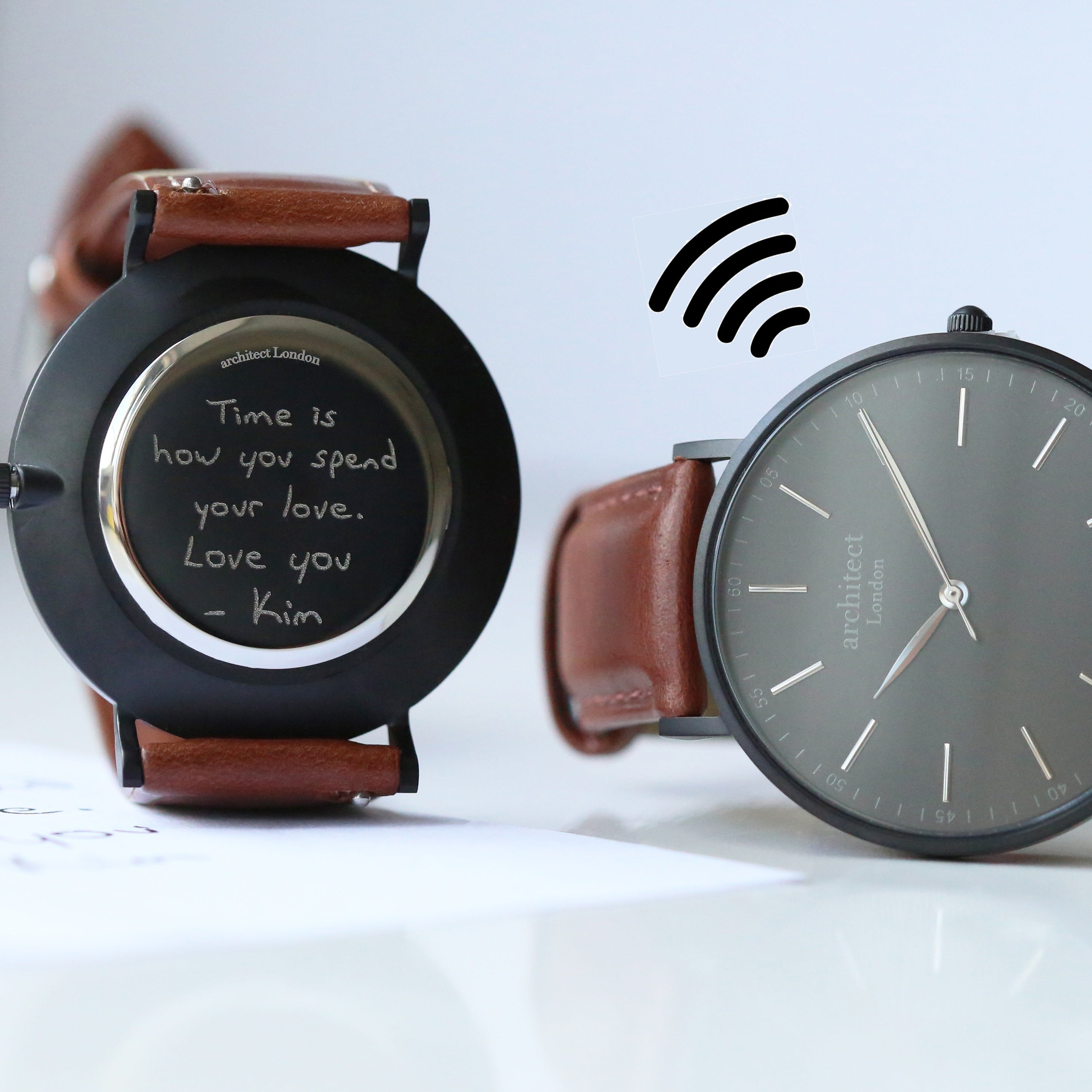 Contactless Payment Watch - Men's Architect Minimalist + Walnut Strap + Own Handwriting Engraving
