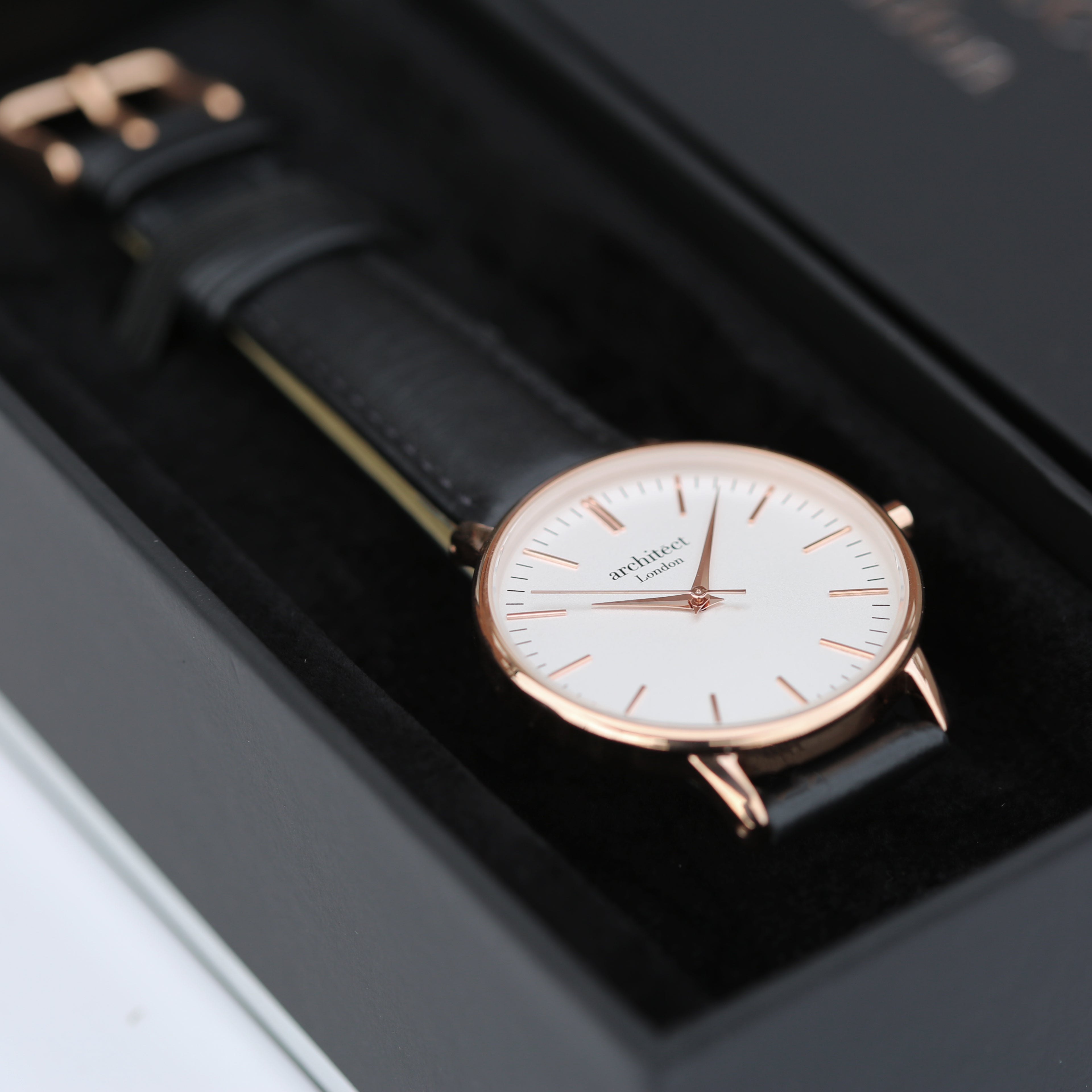 Personalised ladies rose gold watch presented in luxury Architect London gift box