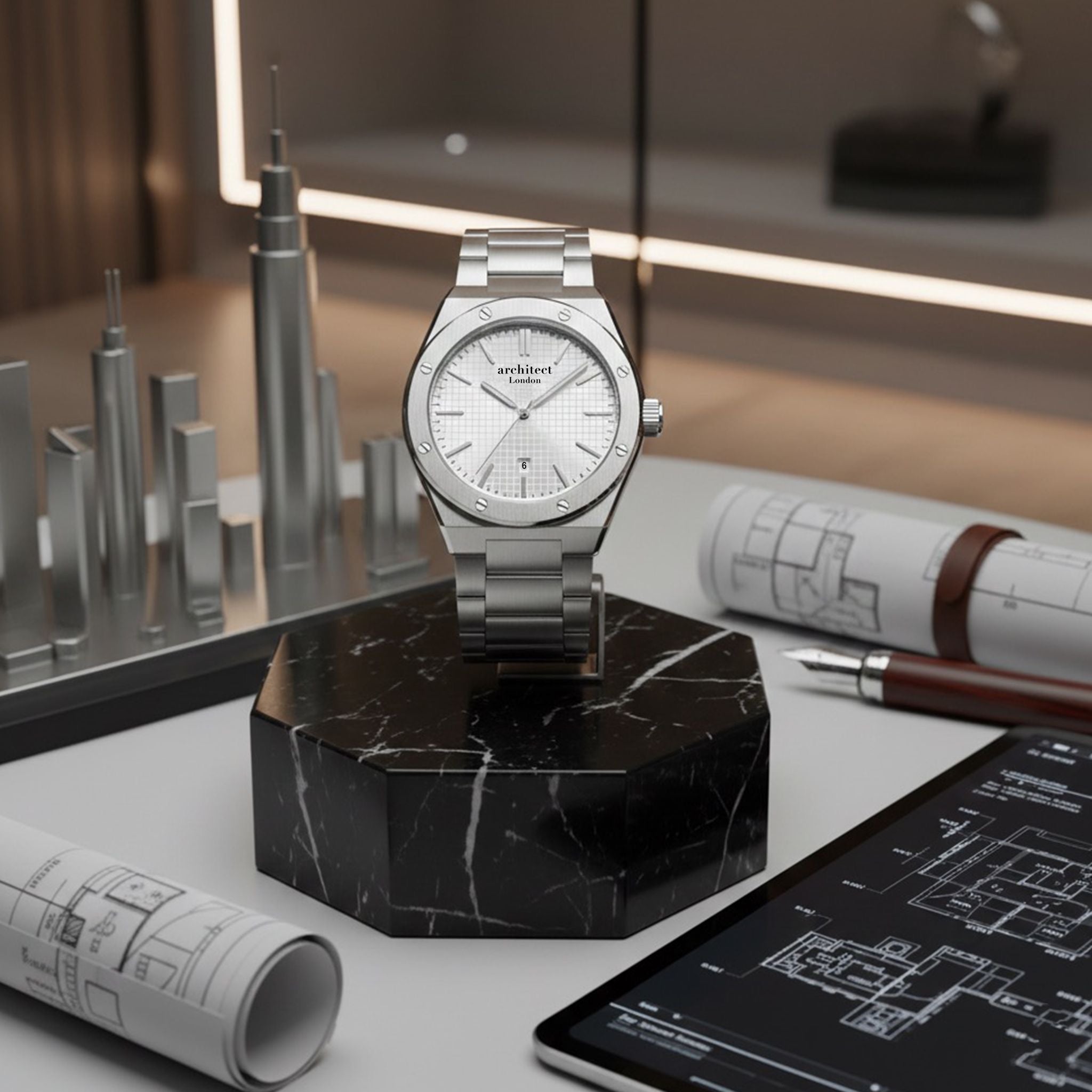 Silver watch on a black marble stand with architectural models and plans in the background