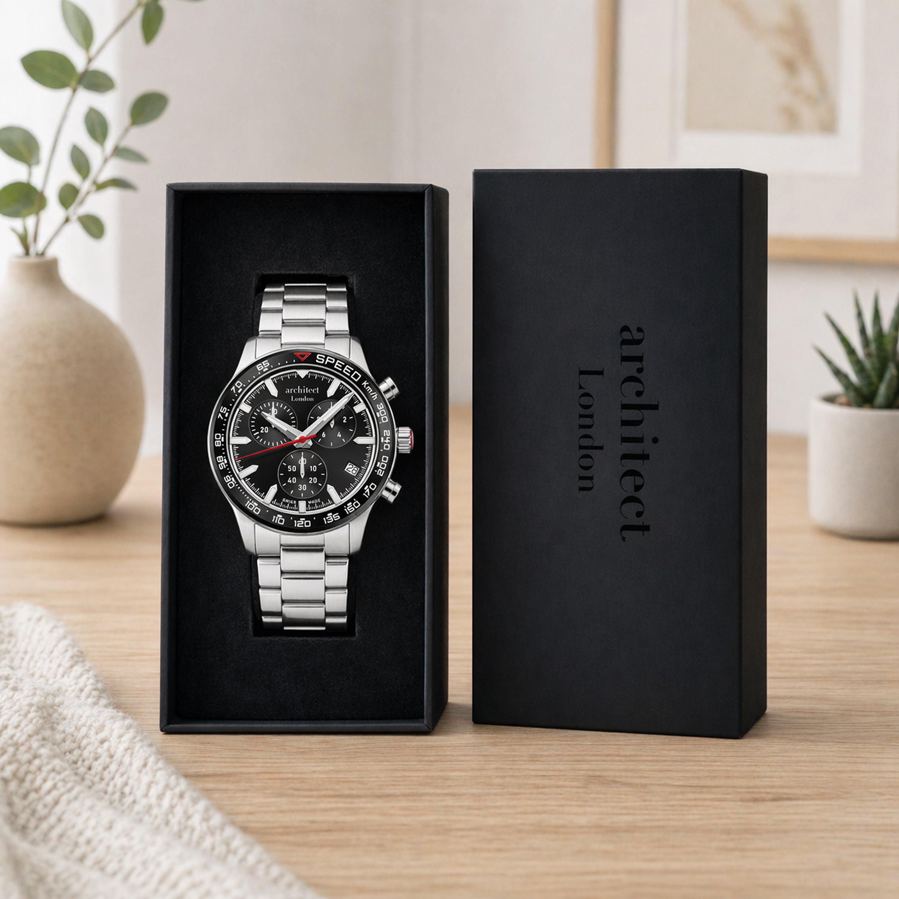 Engraved swiss watch in luxury watch box