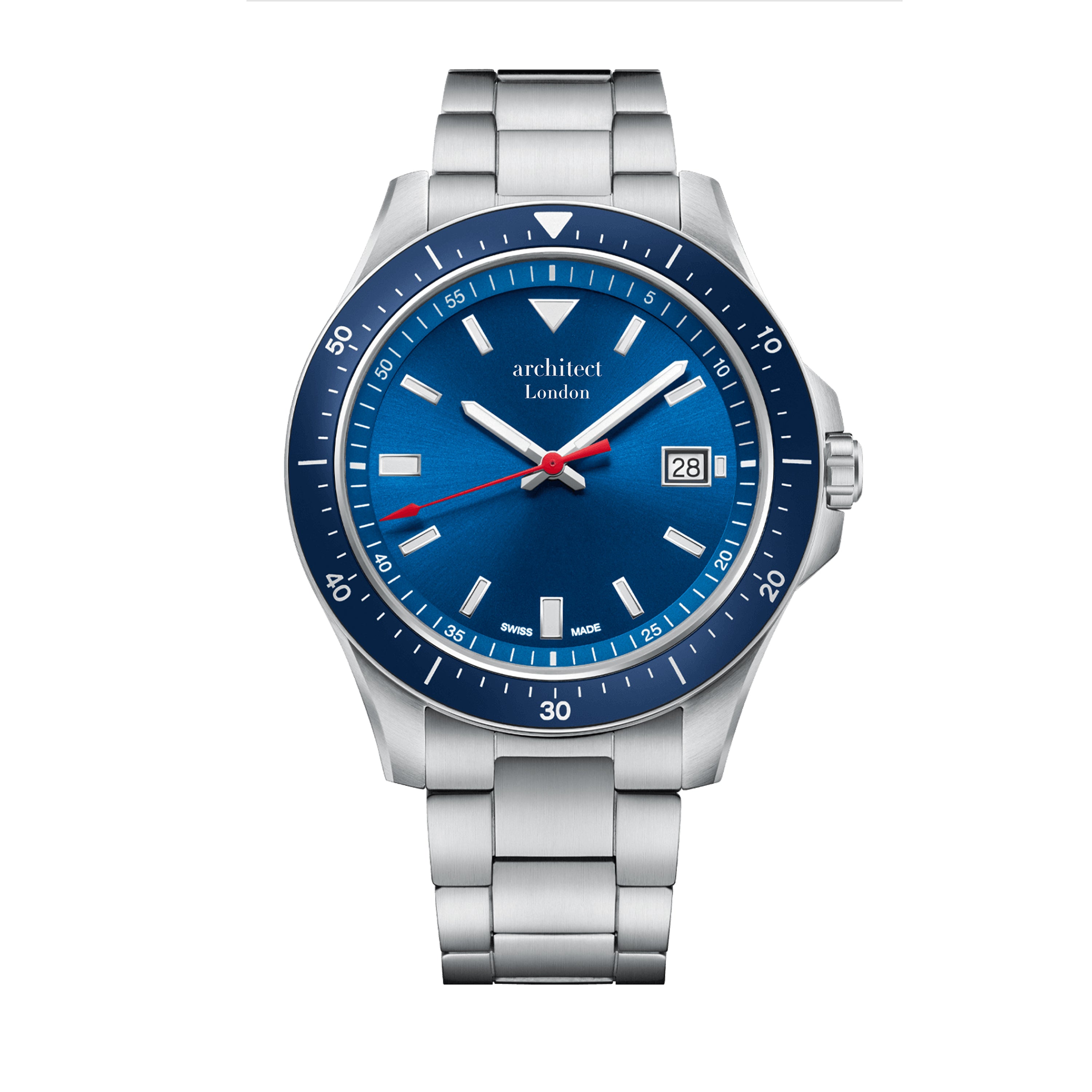 Silver watch with a blue dial on a white background