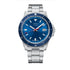 Silver watch with a blue dial on a white background
