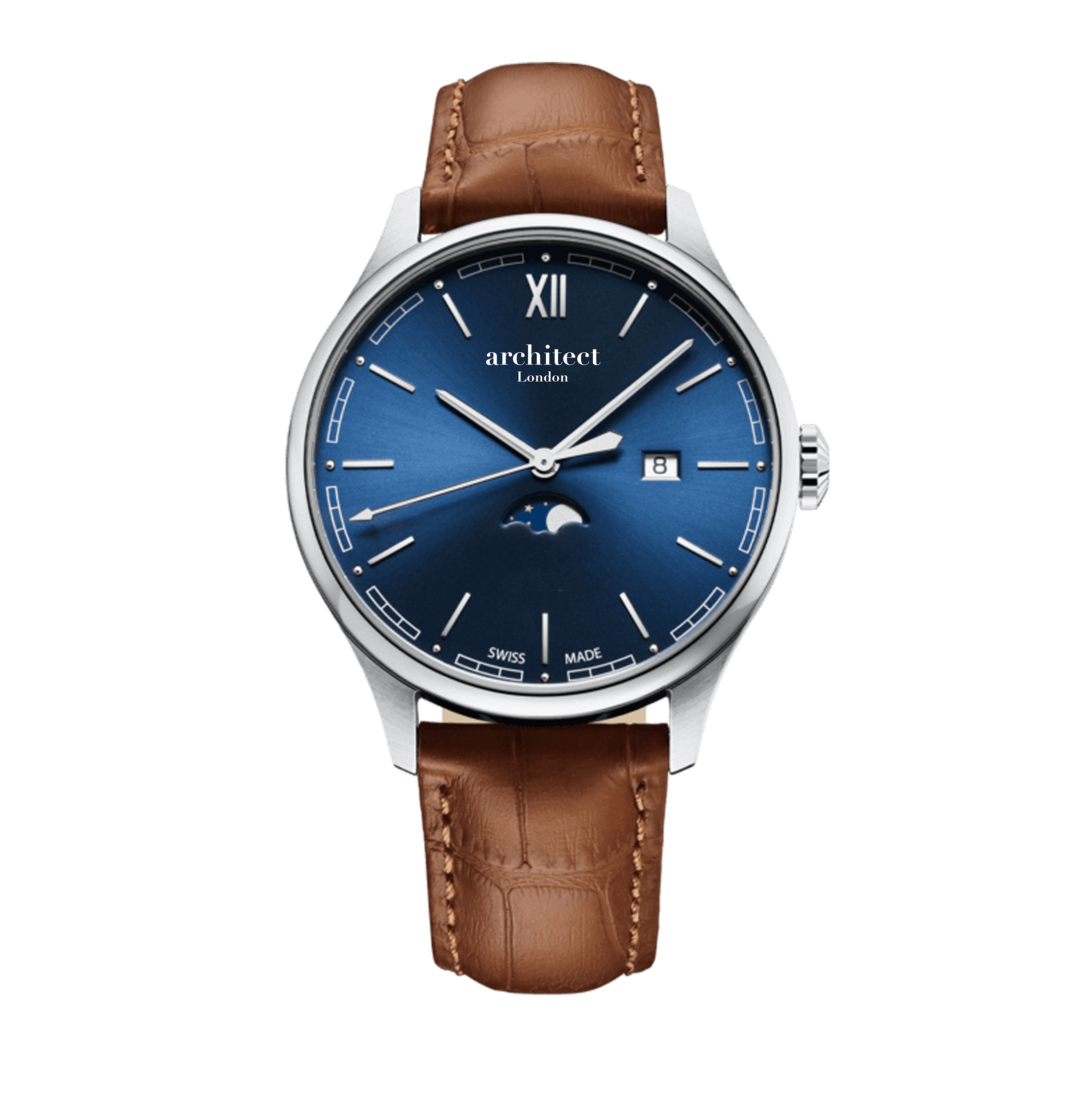 Watch with brown leather strap and blue dial on a white background
