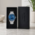 Swiss watch with blue dial in luxury watch box