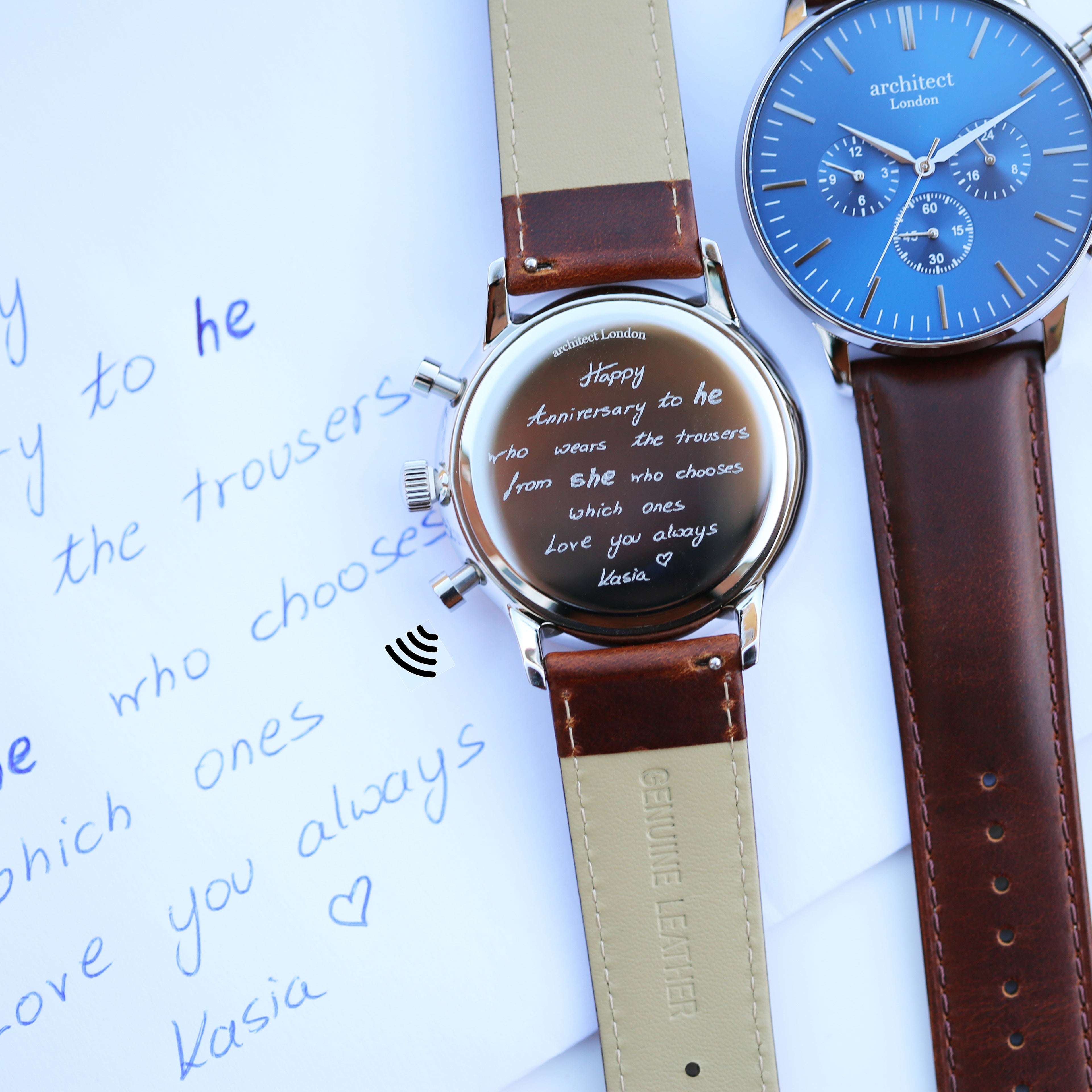 Contactless Payment Watch - Men's Blue Motivator + Walnut Strap + Own Handwriting Engraving
