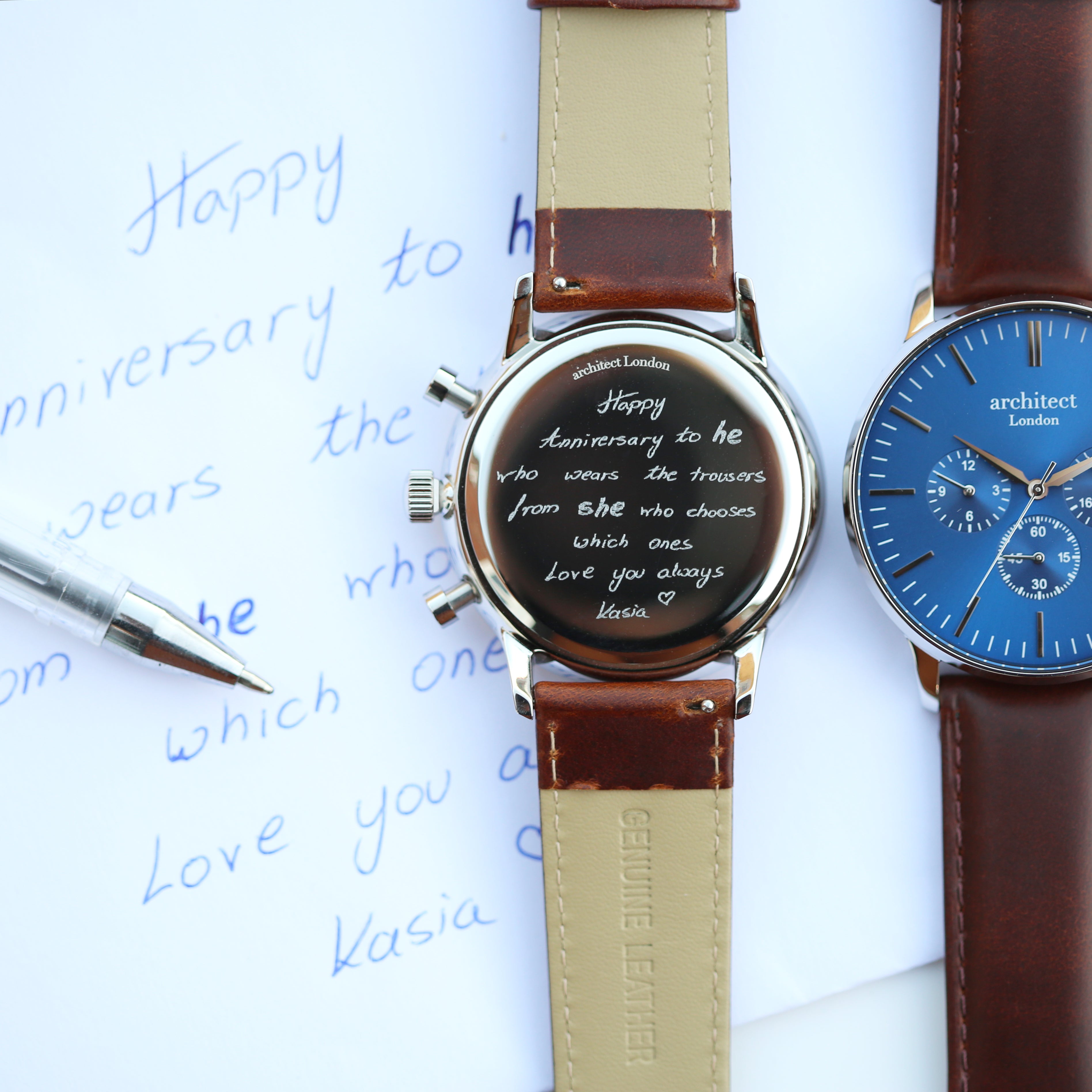 Contactless Payment Watch - Men's Blue Motivator + Walnut Strap + Own Handwriting Engraving