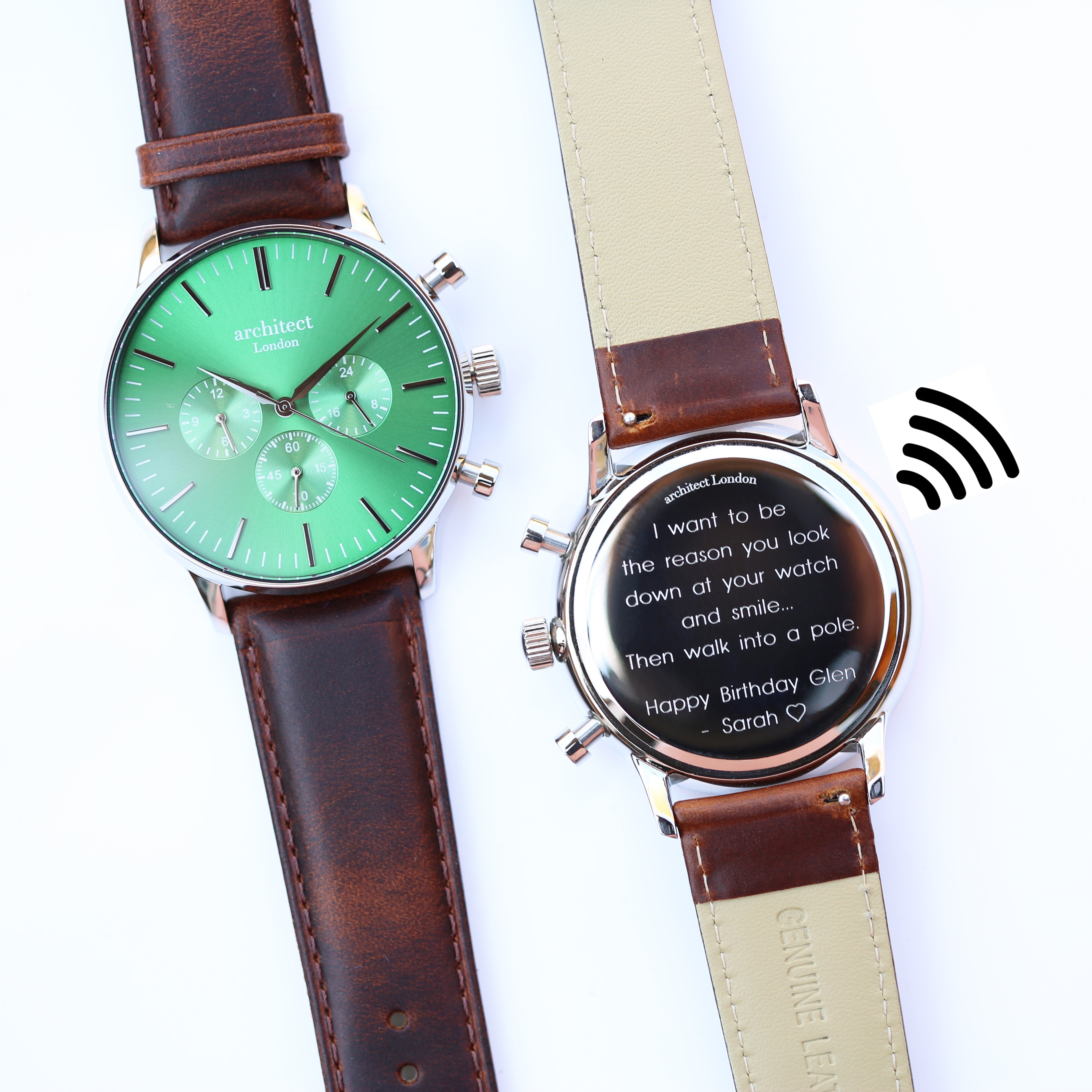 Contactless Payment Watch - Men's Envy Green Motivator + Walnut Strap + Modern Font Engraving
