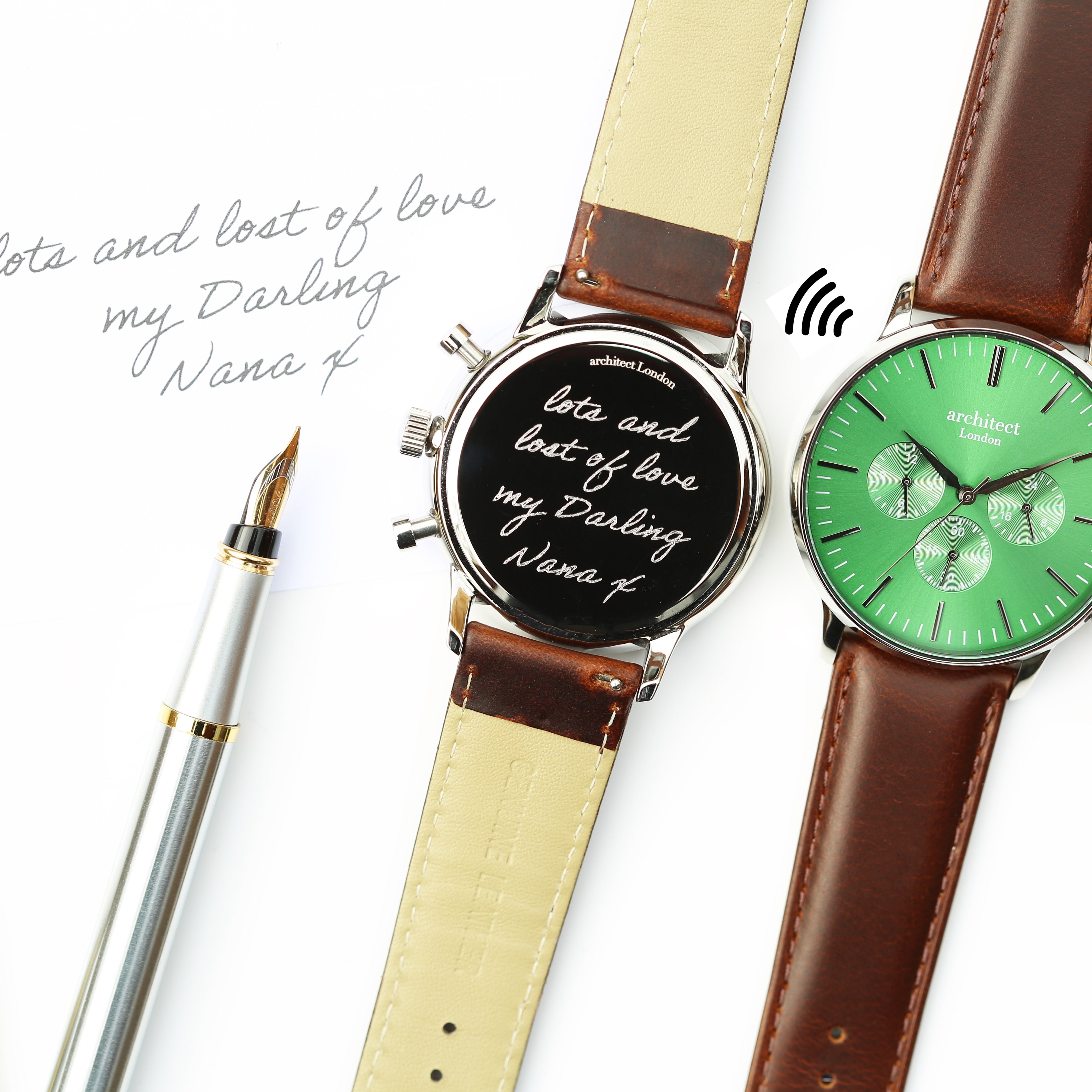 Contactless Payment Watch - Men's Green Motivator + Walnut Strap + Own Handwriting Engraving
