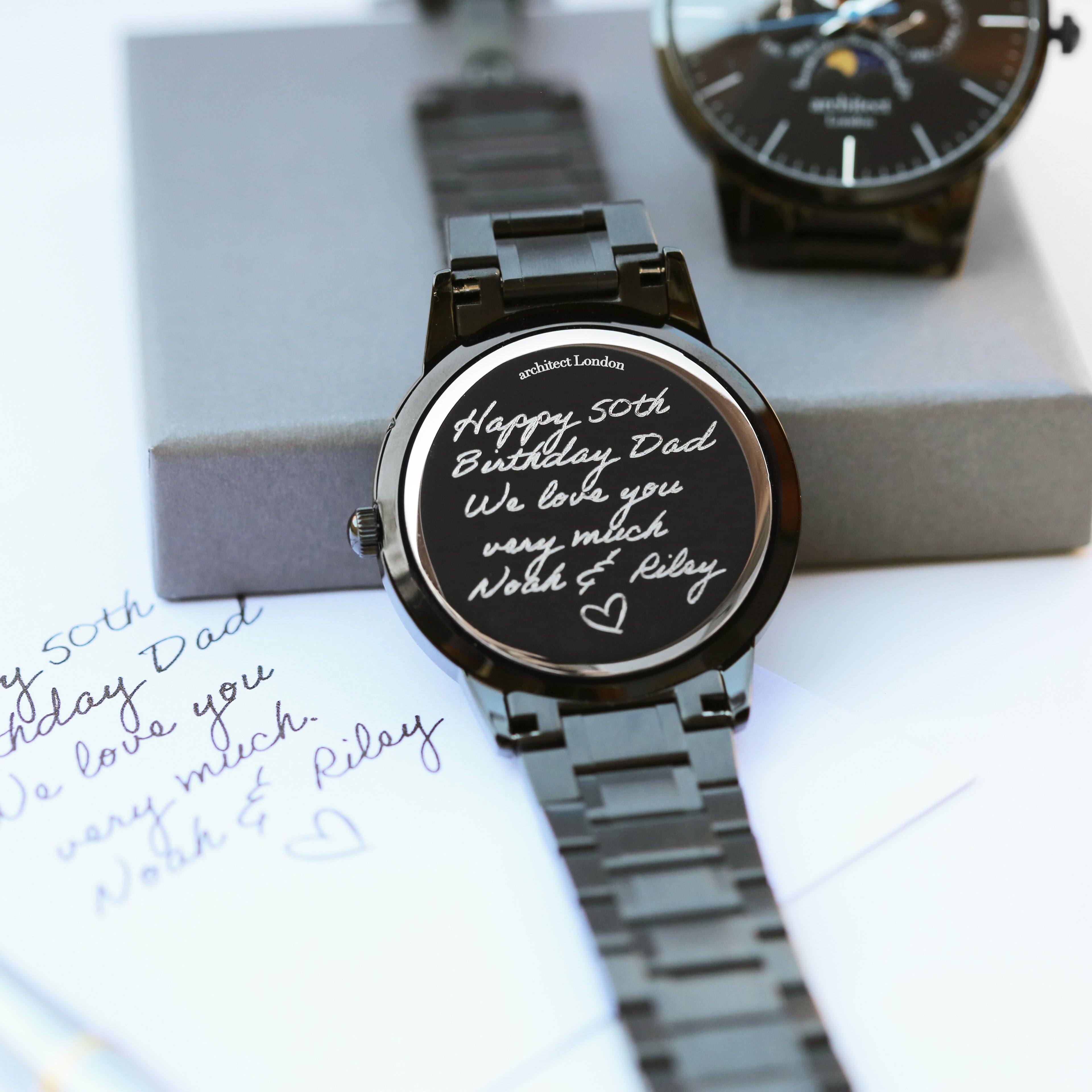 Mens Black Watch Architect London Engraved in Own Handwriting