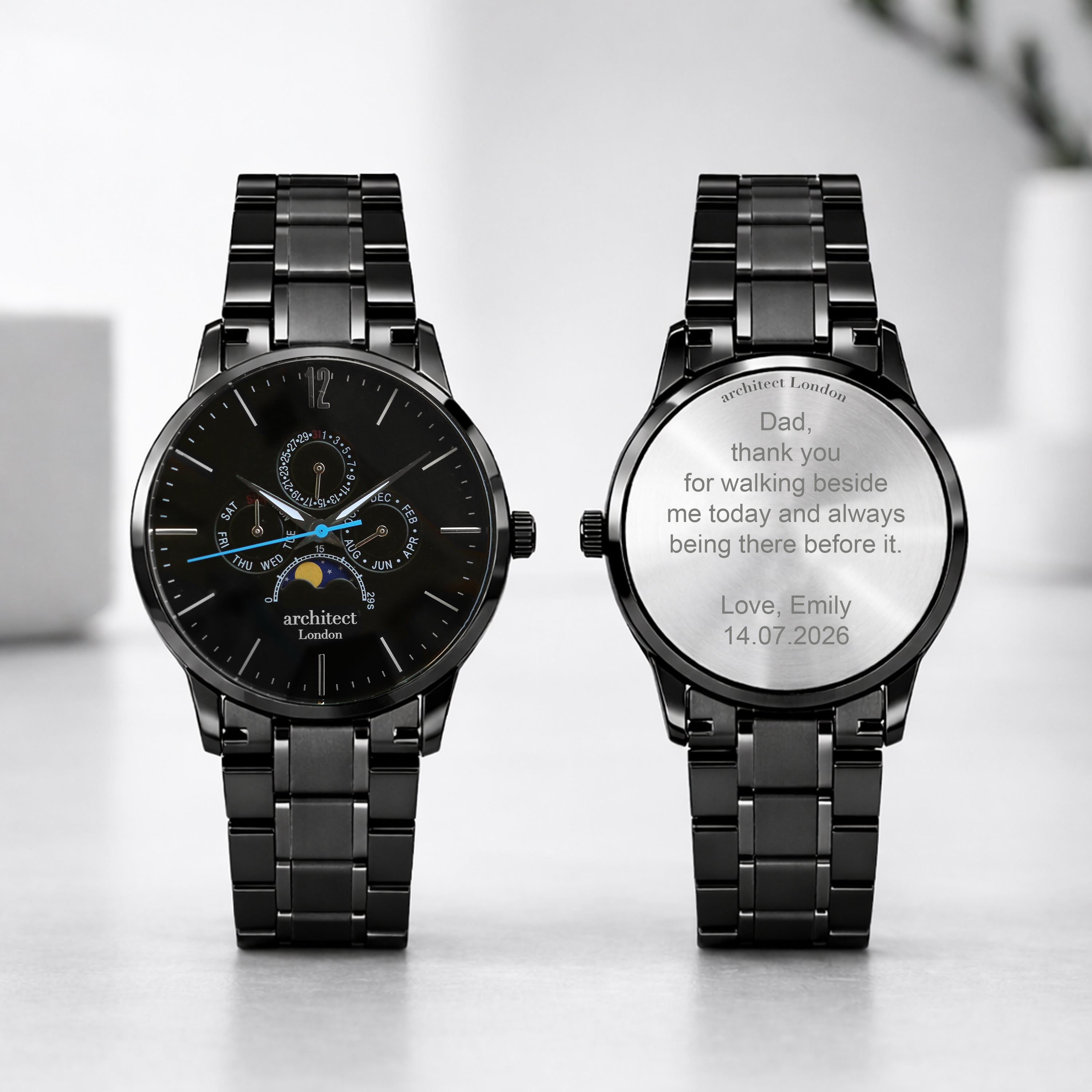 Two black wristwatches on a light background. persoanlised watch uk