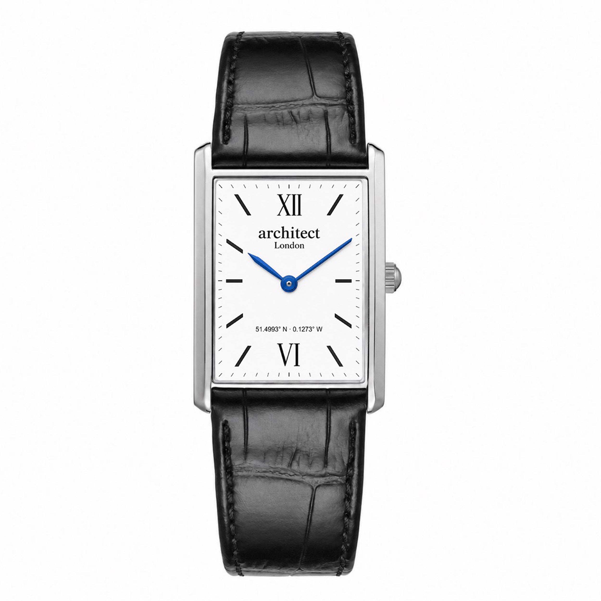 A rectangular silver-tone wristwatch with a white dial, black Roman numeral hour markers, blue hands, and a black alligator-texture leather strap, shown against a plain white background.