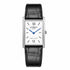 A rectangular silver-tone wristwatch with a white dial, black Roman numeral hour markers, blue hands, and a black alligator-texture leather strap, shown against a plain white background.