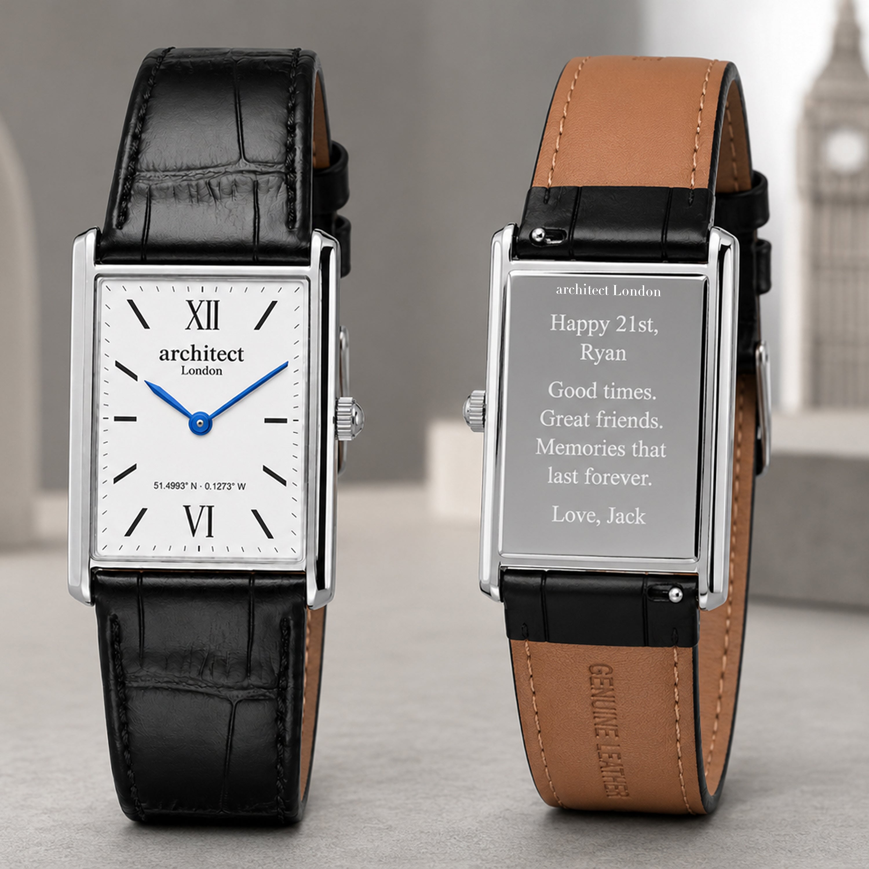 Architect Westminster personalised men's watch with black genuine leather strap, rectangular stainless steel case and custom engraved back
