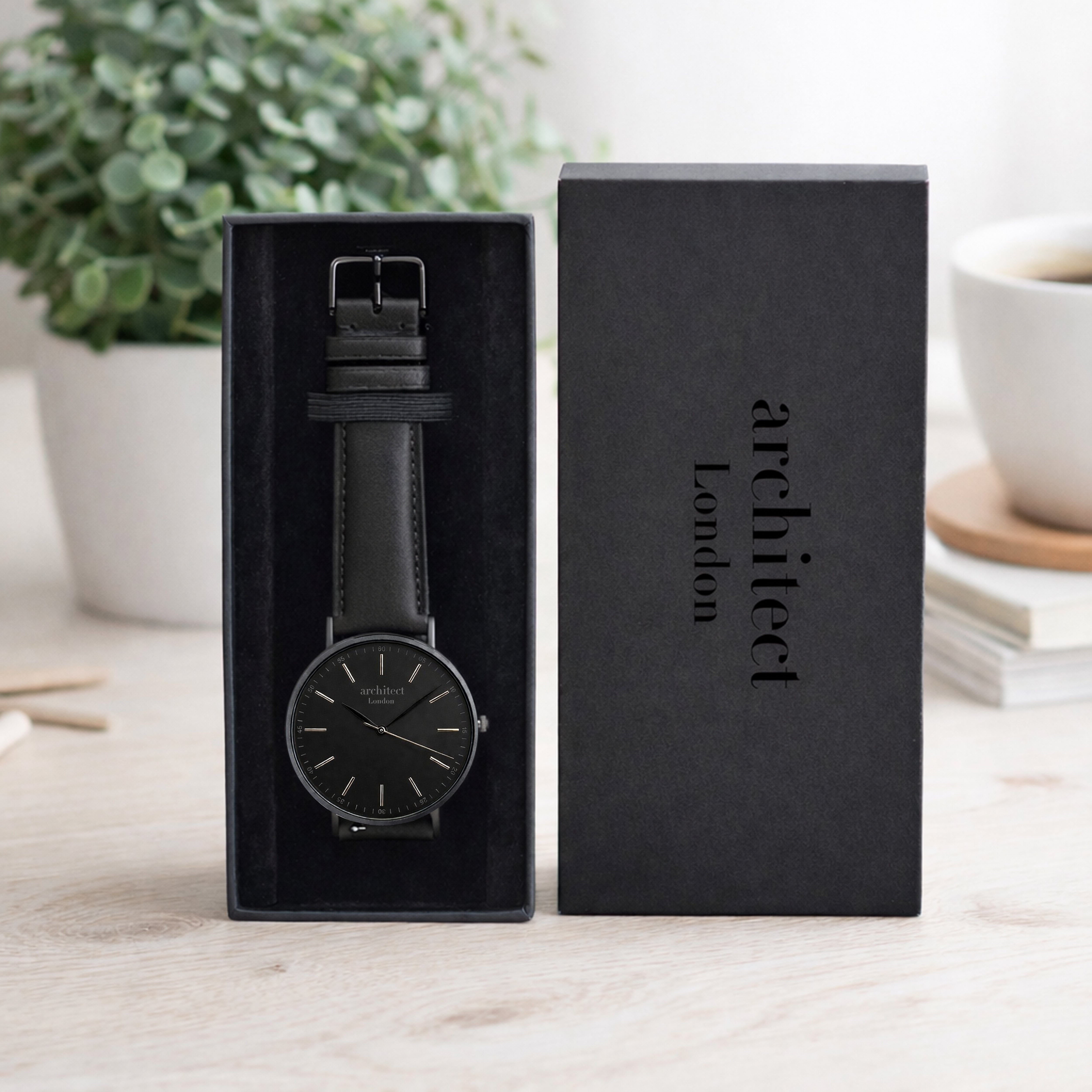 Men’s Architect Minimalist Watch – Black Dial + Jet Black Leather Strap (Personalised)