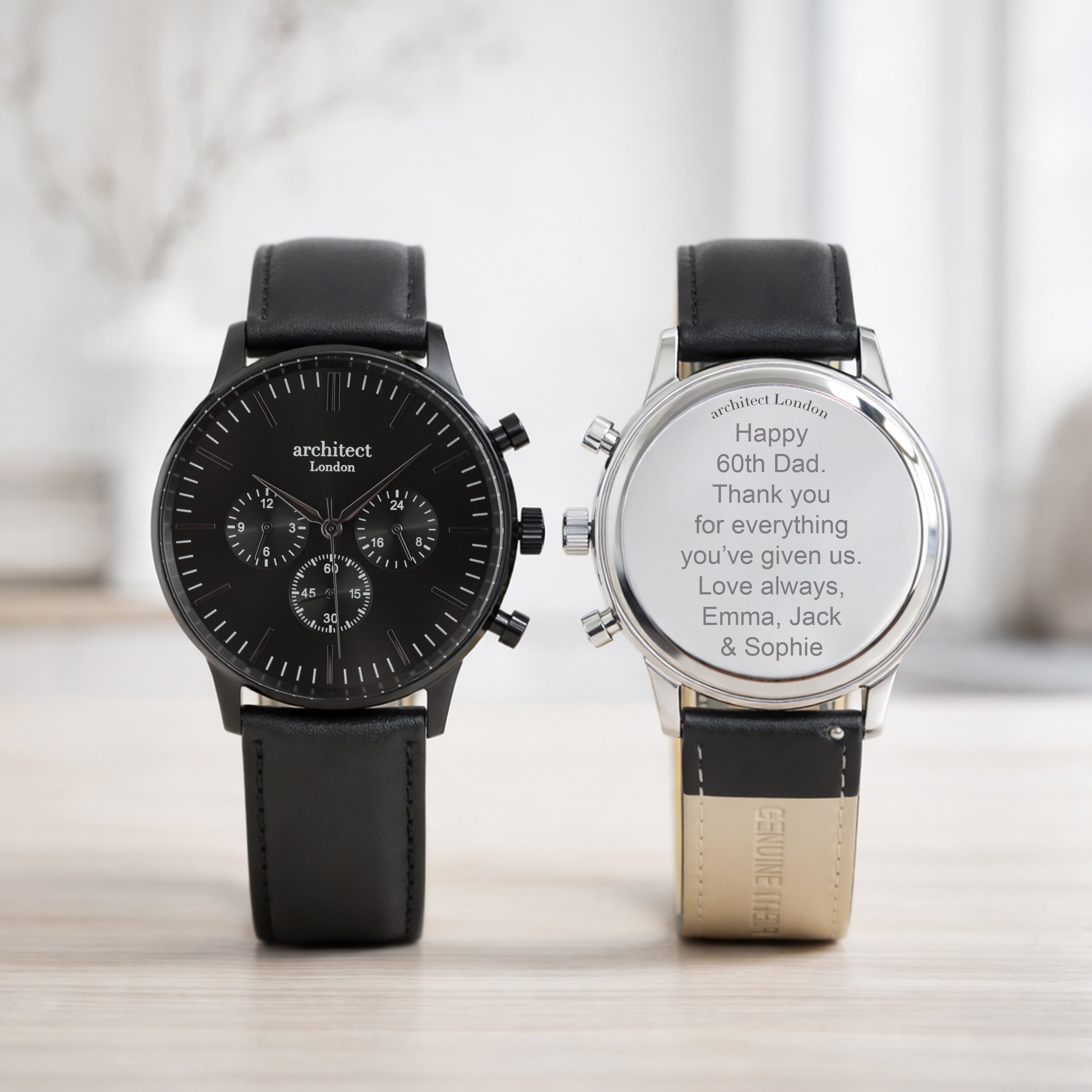 Men’s Personalised Chronograph Watch – Black Dial & Black Leather Strap | Architect Motivator