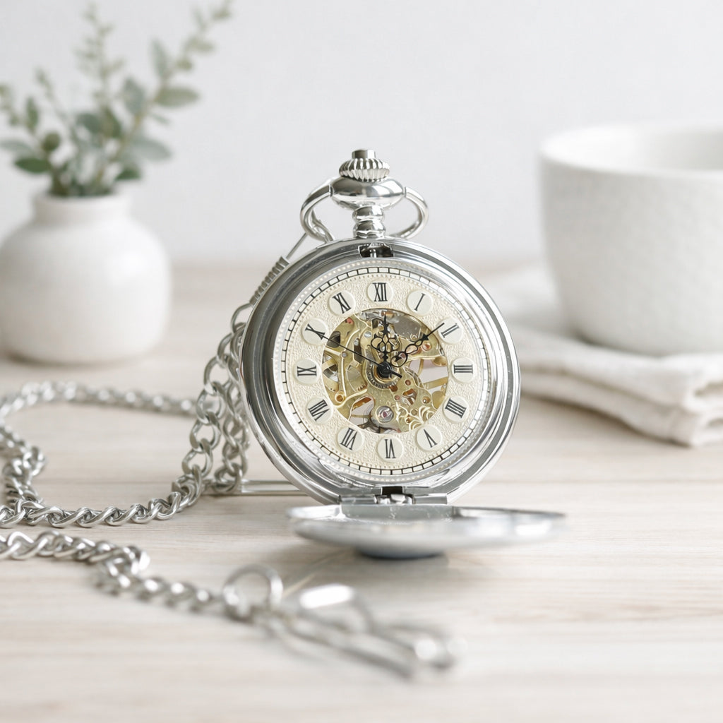Silver skeleton pocket watch with Roman numerals and visible mechanical movement