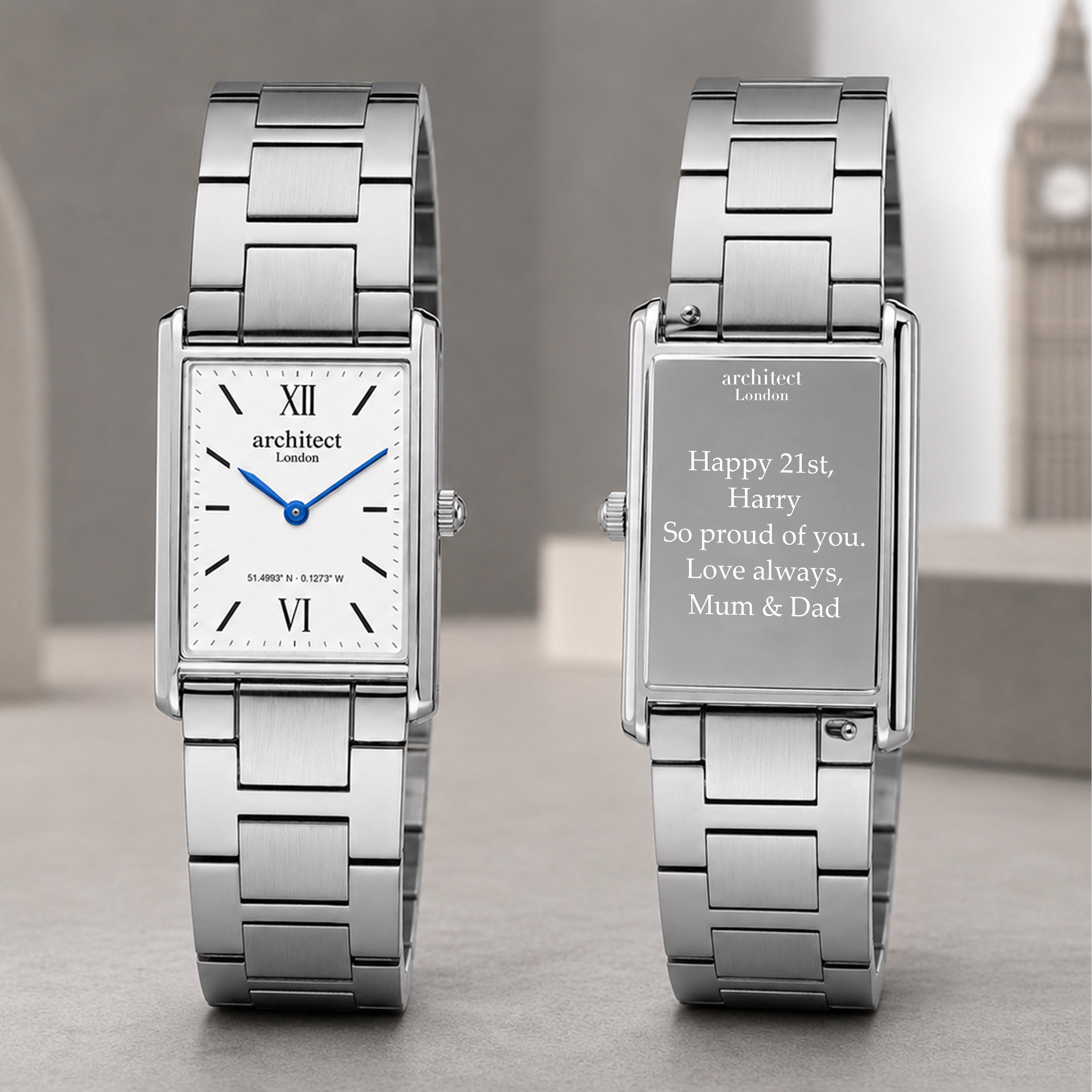 Personalised men’s silver rectangular watch with engraved stainless steel case back  Architect Westminster