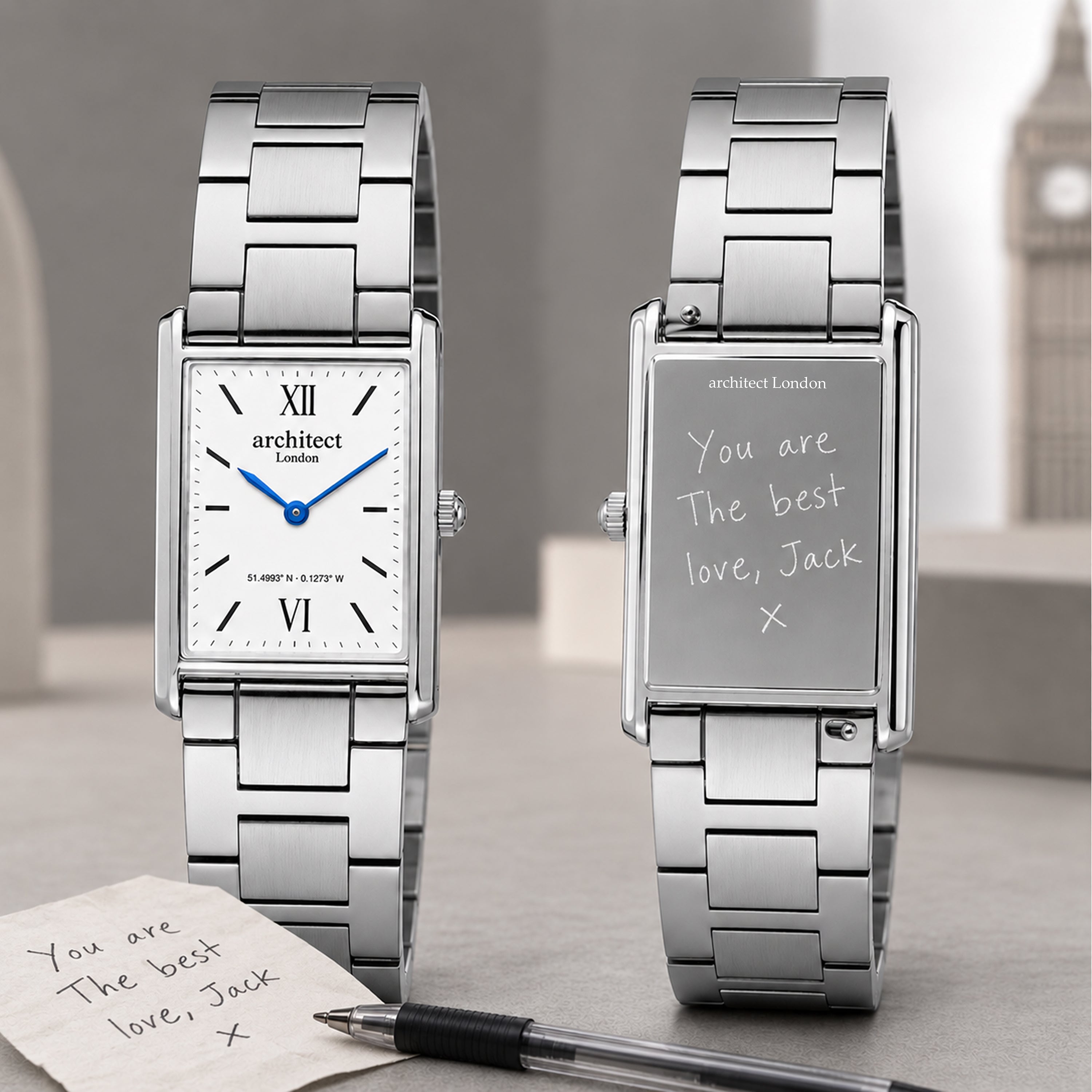 Silver rectangular mens watch, engraved with persona. own handwritimng message on the backcase